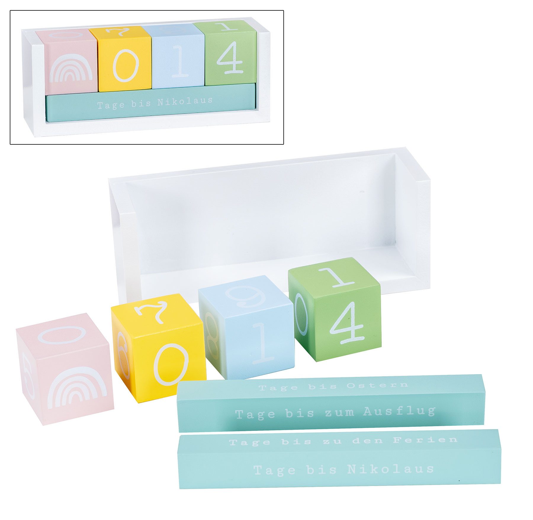 Levandeo® Countdown Kalender, Würfel Countdown Kalender Holz Bunt Weiß Holzkalender Tischkalender