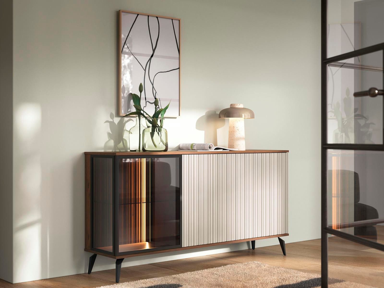 Compleo Kommode dreitürig für Wohnzimmer, gerillte Front, VIVIN, Breite: 154 cm