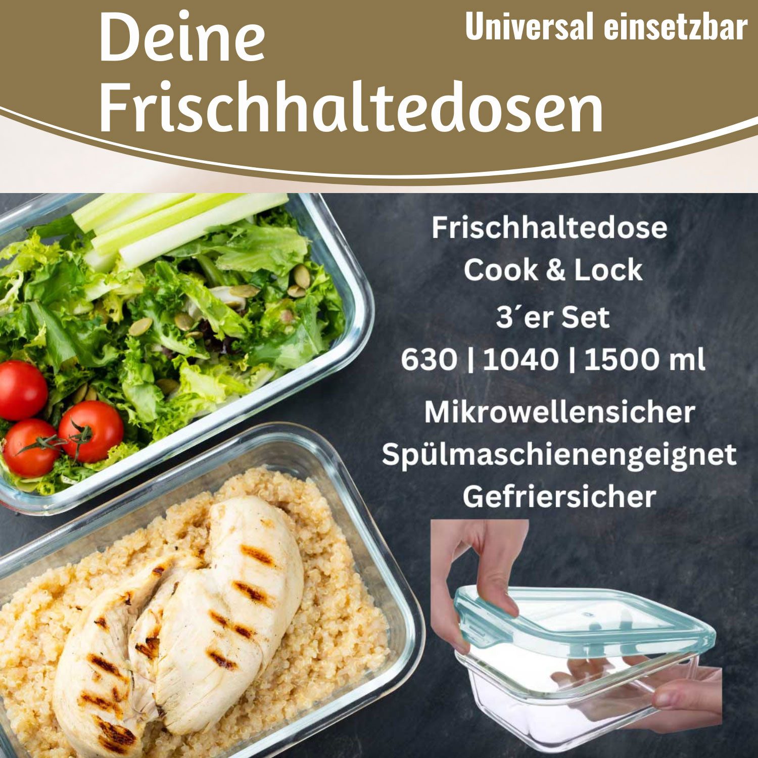 LS-LebenStil Frischhaltedose Glas Cook & Lock 3´er Set Glasschale mit Deckel Glasbehälter Boxen, Glas, (Glasdose mit Deckel, Borosilikatglas, Meal Prep Gläser V – Bild 3 von 5