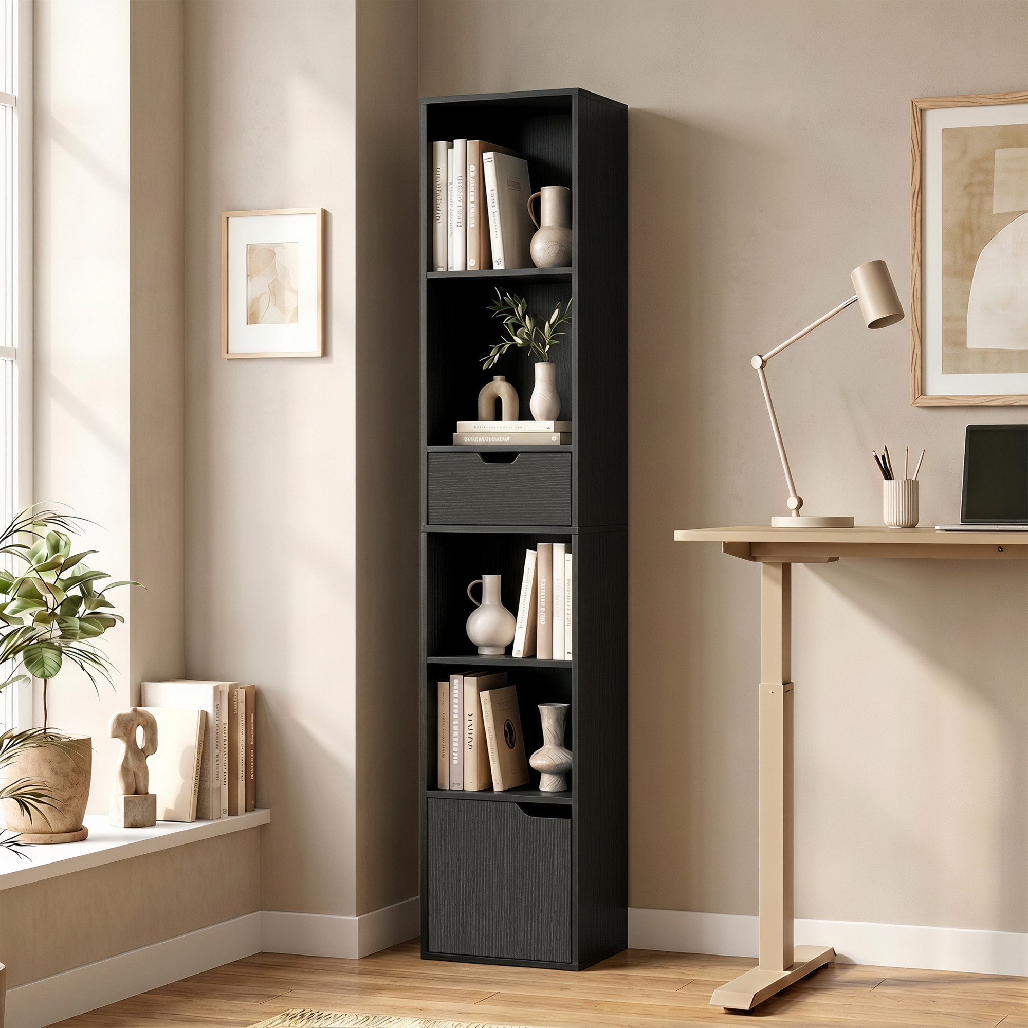 OKWISH Bücherregal Standregal mit 6 Fächern und Schublade, 30x24x158 cm Schwarz, Packung 1-tlg., Aufbewahrungsregal mit verstellbarem Fach für Wohnbereich
