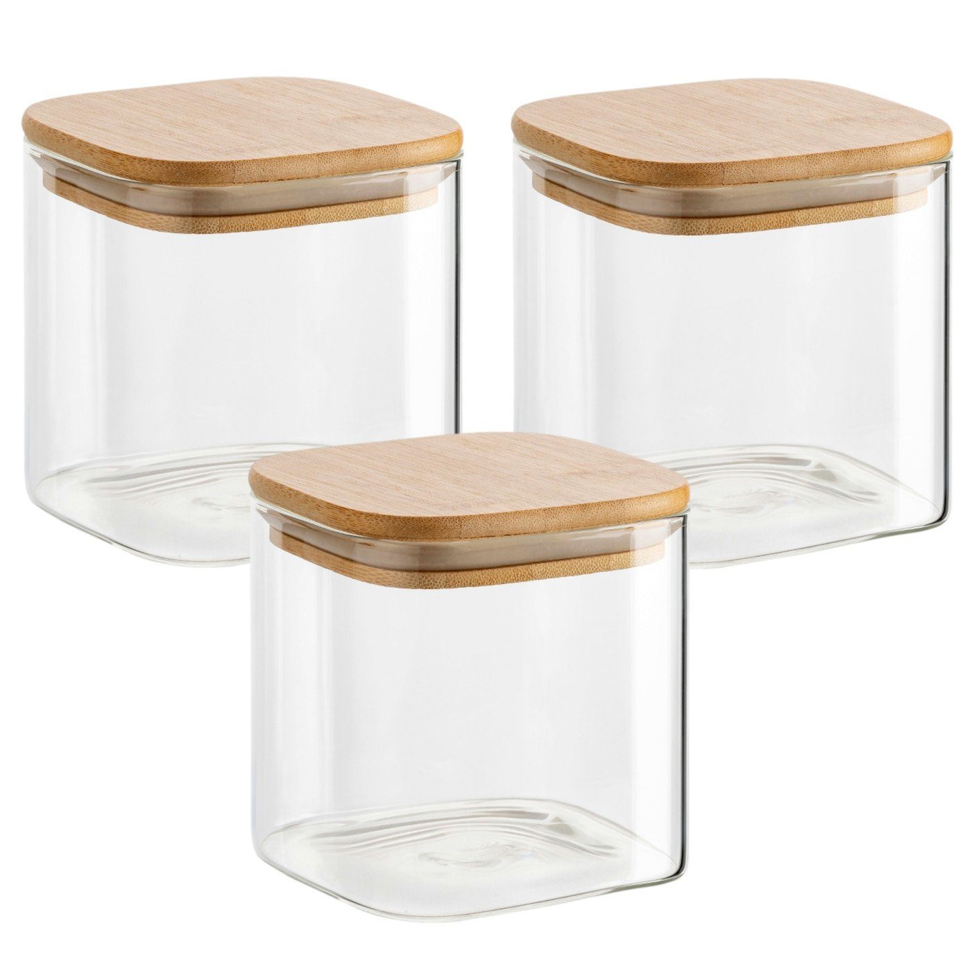 gouveo Vorratsglas Vorratsgläser aus Borosilikatglas Quadrat mit Bambus-Deckel, (3-tlg., 800 ml)