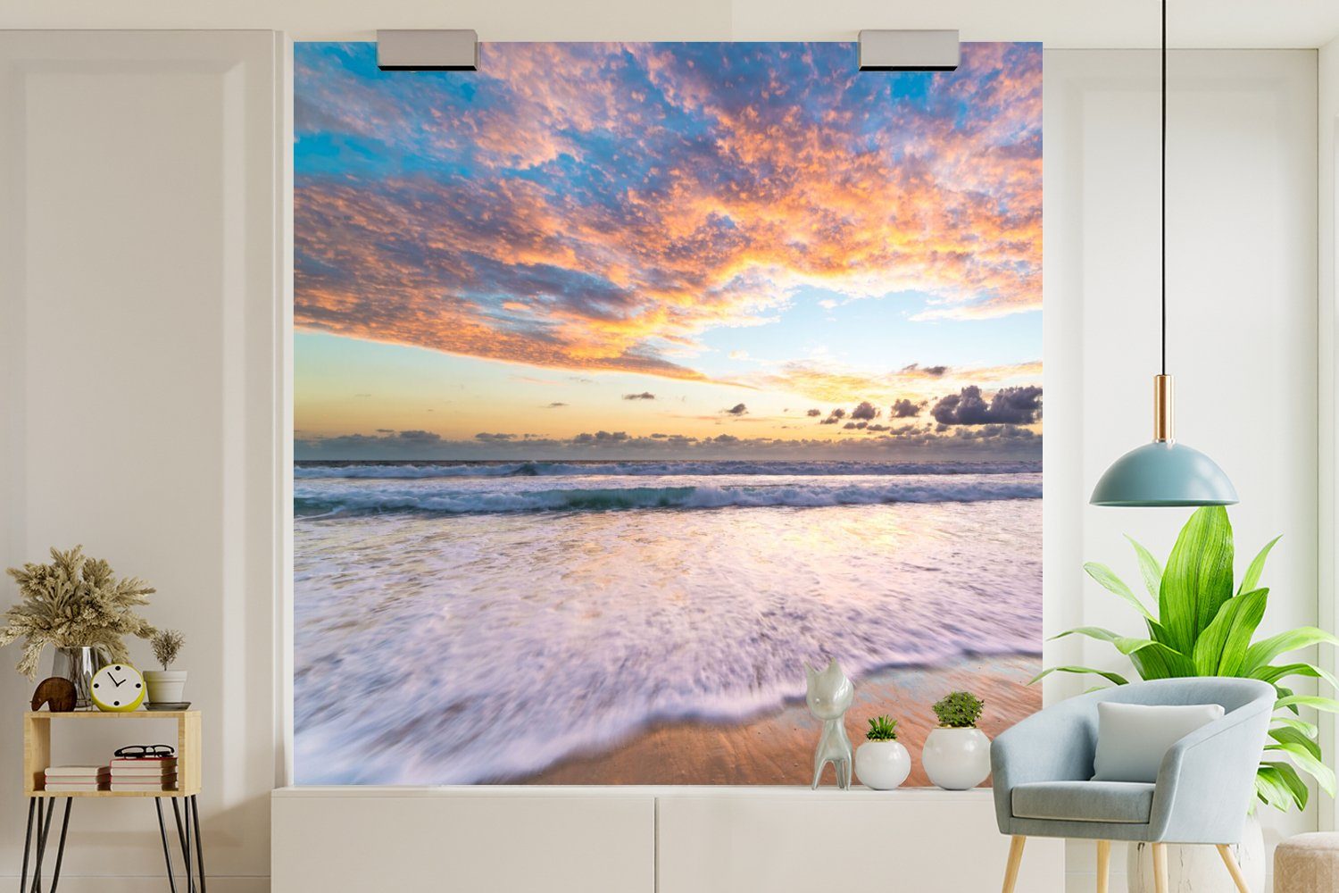 oder Wasser, für MuchoWow Schlafzimmer, bedruckt, Wandtapete Tapete Vinyl Matt, - Wolken Strand (5 St), - Wohnzimmer Fototapete