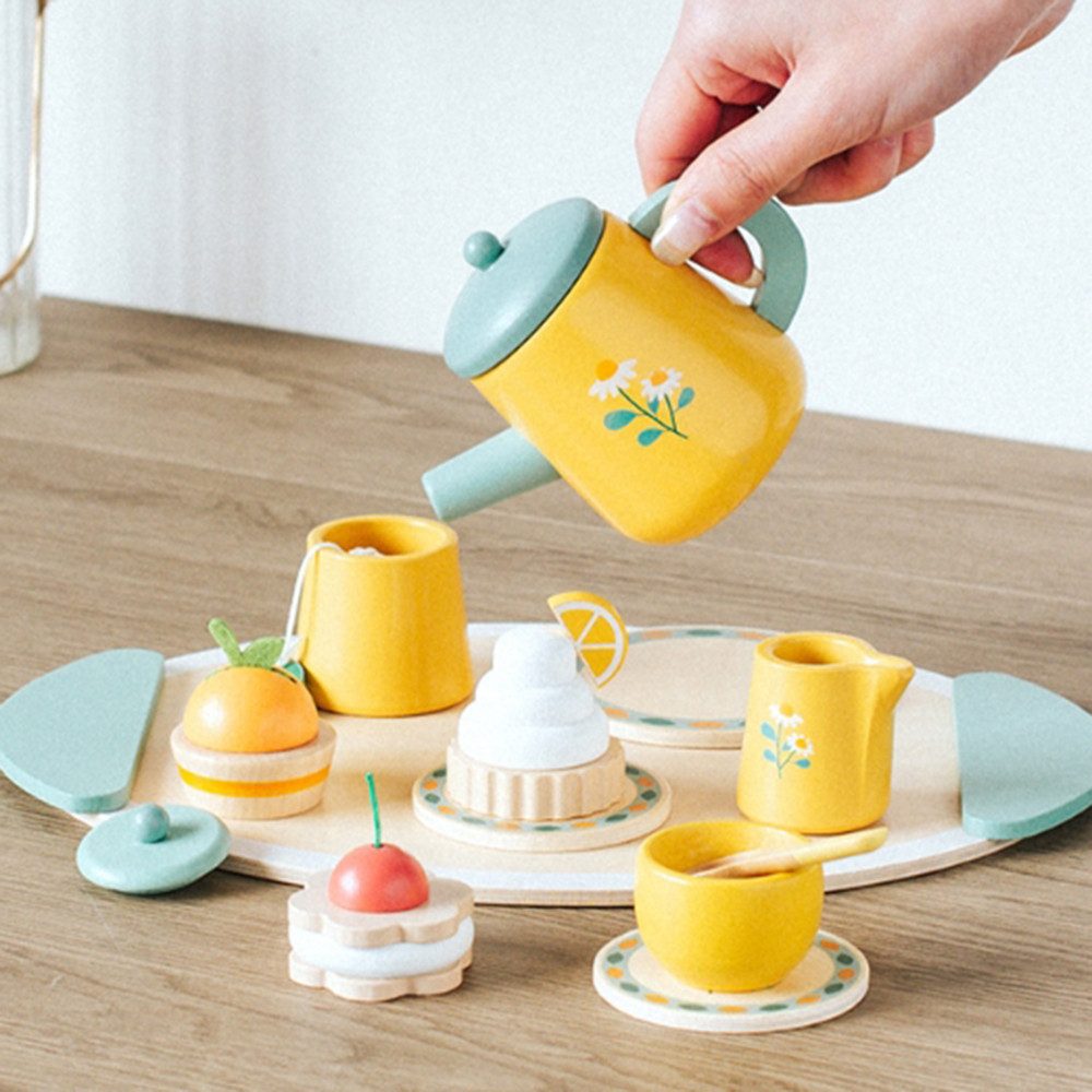 CLTYQ Spielküche Teeservice Kinder aus Holz, Teeparty mit Zuckerwürfeln und Dessert, Kinderküche Zubehör Tee Set für Kinder Mädchen Jungen