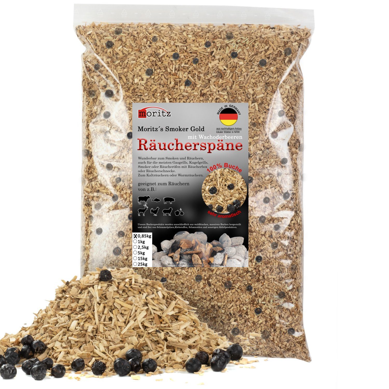 Moritz Räucherbox 0,85kg Räucherspäne Buche mit Wacholder fein 0,75 -2 mm zum smoken, räuchern/kalträuchern von Fleisch, Fisch, Gemüse geeignet