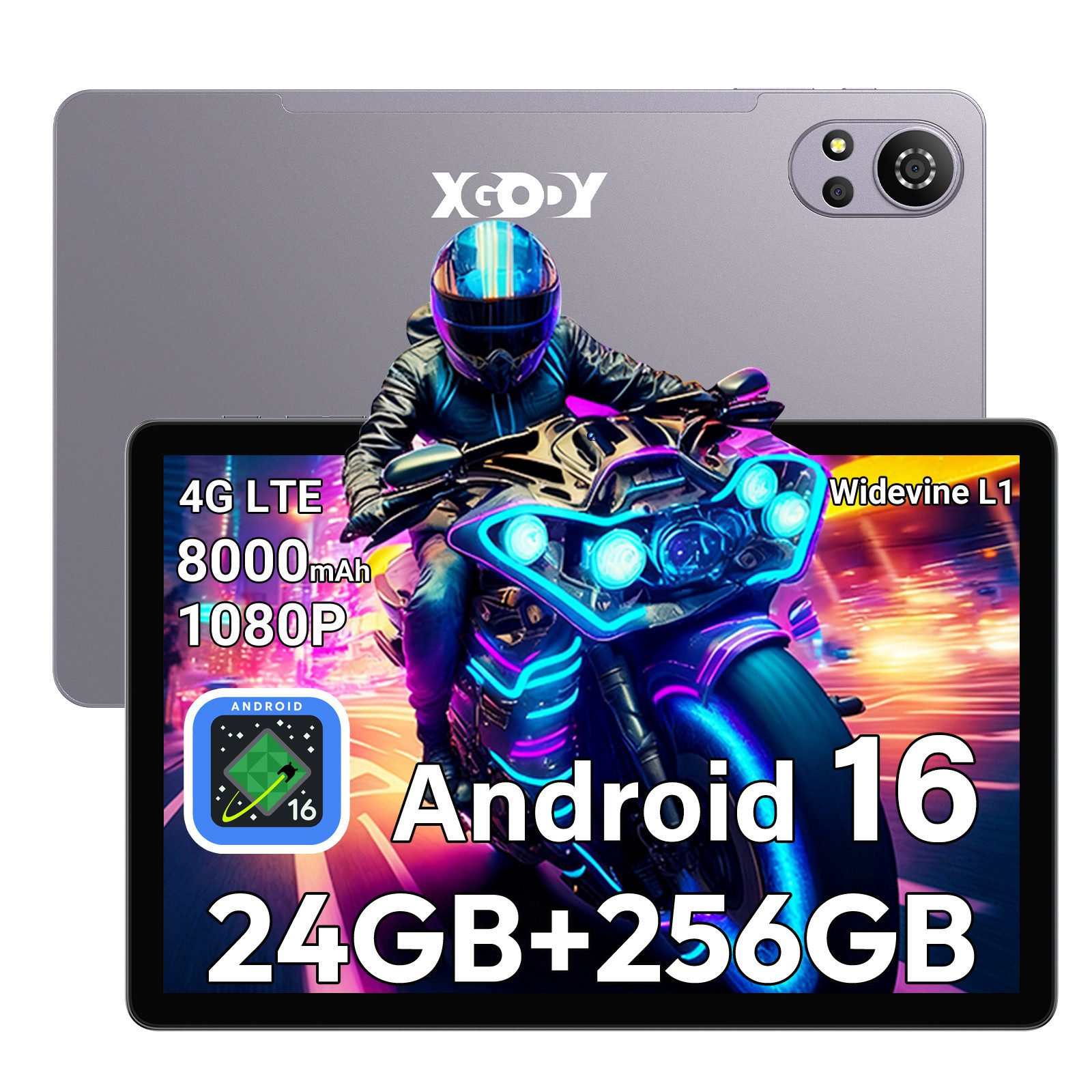 XGODY 2026 Neu Tablet Android 16(24GB+256GB) 4G LTE 8000 mAh Akku Tablet (10.1", 256 GB, Android 16, 4G (LTE) , 2SIM WlFl IPS, Octa-Core HD Display, WidevineL1/OTG/GPS/Dual Speaker)