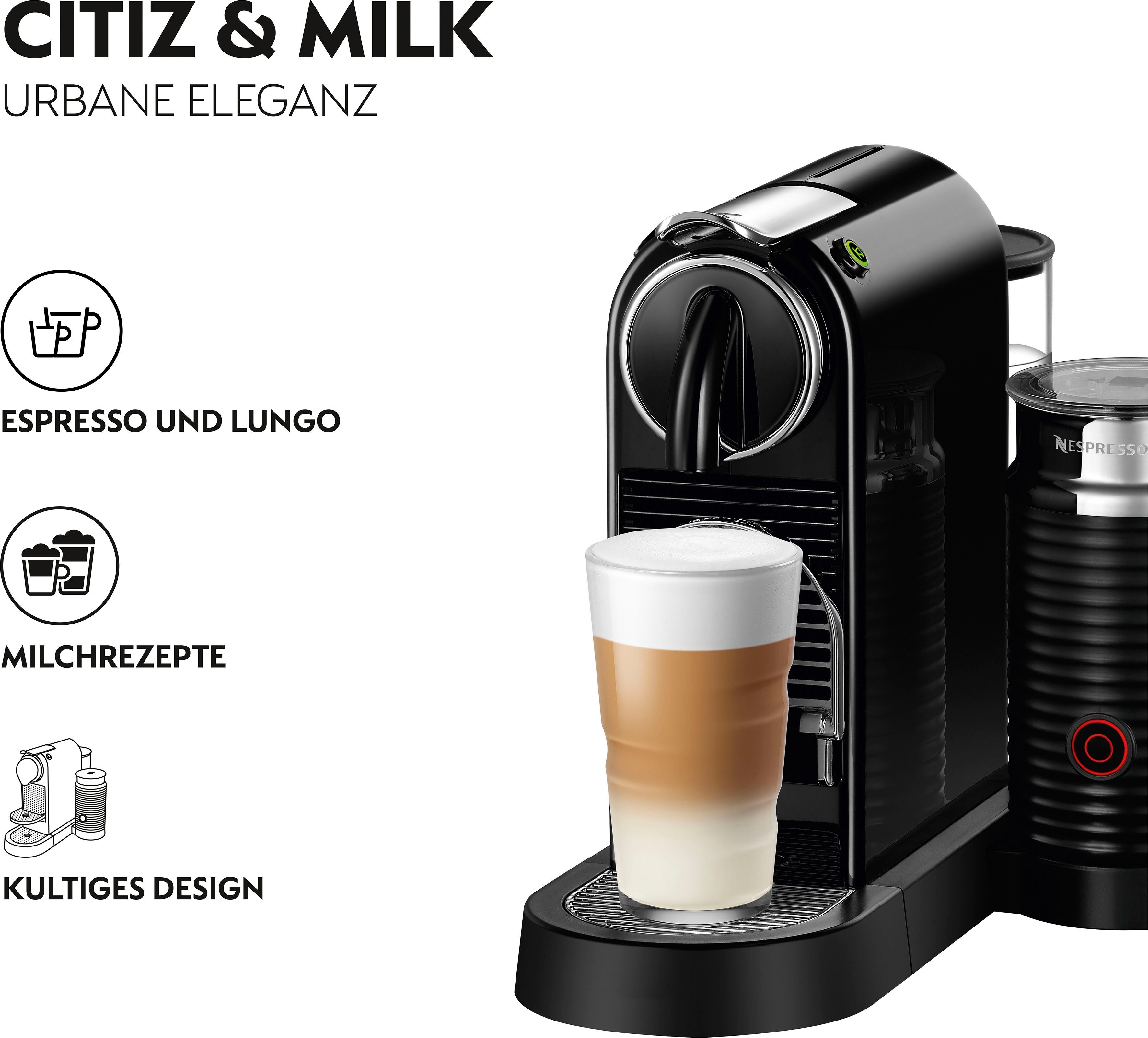 Nespresso Kapselmaschine mit 267.BAE Schwarz, inkl. DeLonghi, Milchaufschäumer, CITIZ EN 7 von Willkommenspaket Aeroccino Kapseln