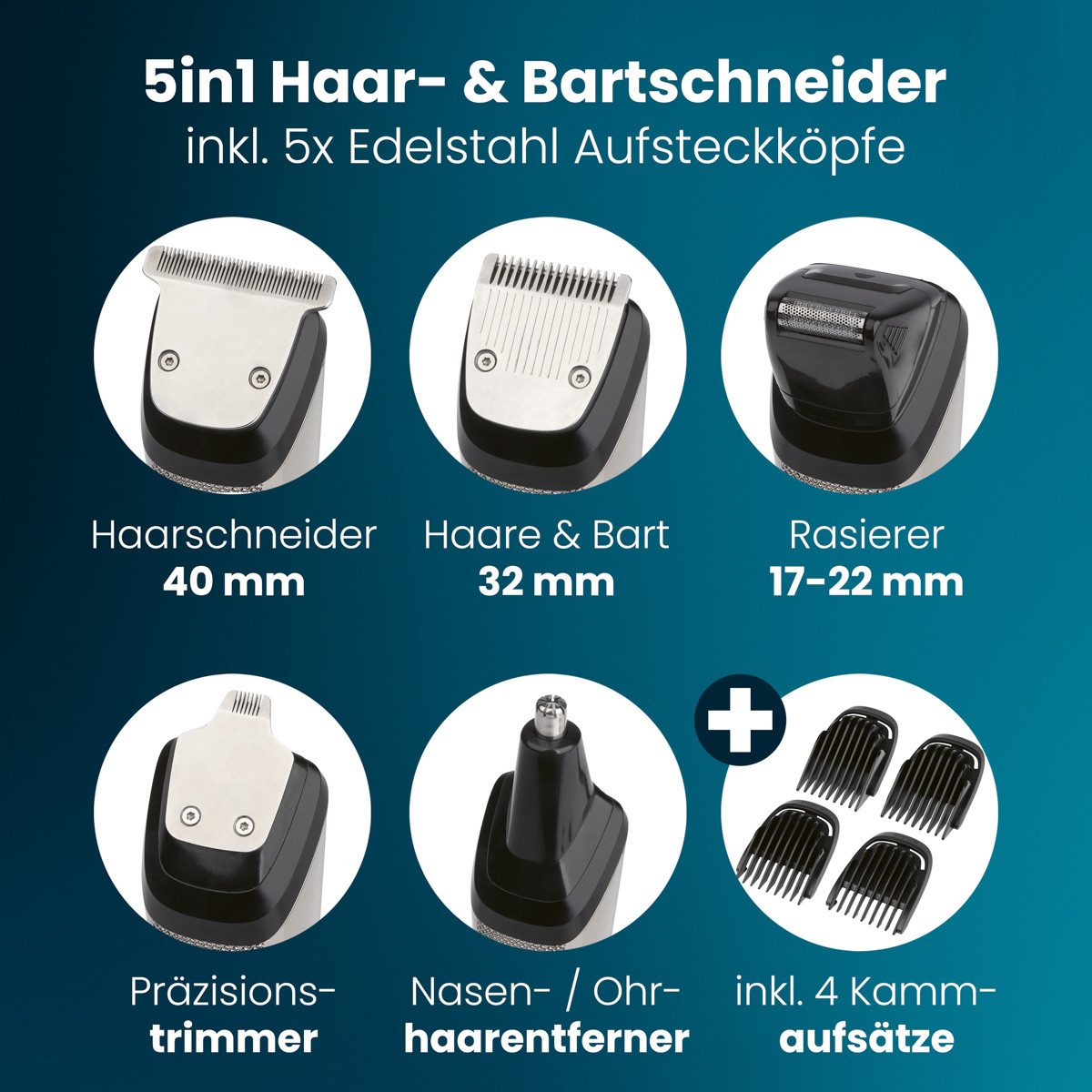 ProfiCare Haar- und Bartschneider PC-HSM/R 3143, Profi Haarschneidemaschine 3-12mm, 5 Scherköpfe