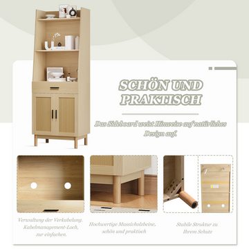 MODFU Vitrine Highboard mit Türen und Schubladen (2 Rattantüren, 1 Schublade, 3 offene Stauräume) Eichenschrank, 60*38.5*180.5 cm