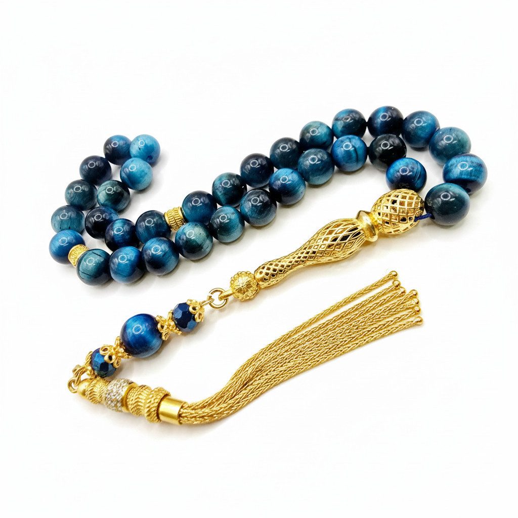 M-Punkt24 Kettenanhänger Tesbih Tespih Echte Steine Gebetskette Misbaha Rosary (Mavi Kaplangözü Blue Tigereye, Vizyon Püskül, 585 Vergoldet, Echt-Silber), Echte Steine