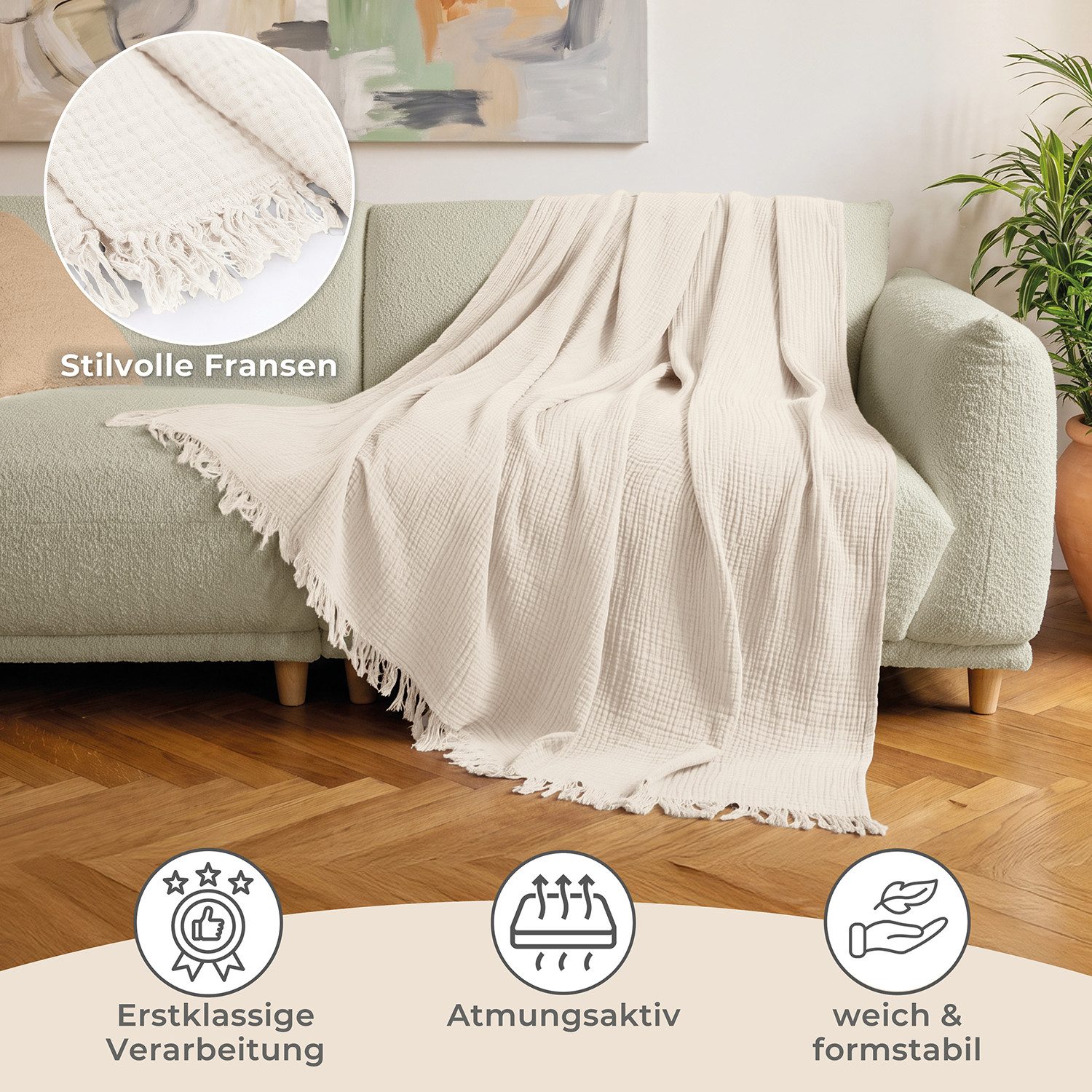 Laynenburg Tagesdecke Musselin mit Fransen aus 100% Baumwolle – Baumwolldecke, Wohndecke als Sommerdecke, Bett-Überwurf, Sofa-Decke, Kuscheldecke – Bild 3 von 5