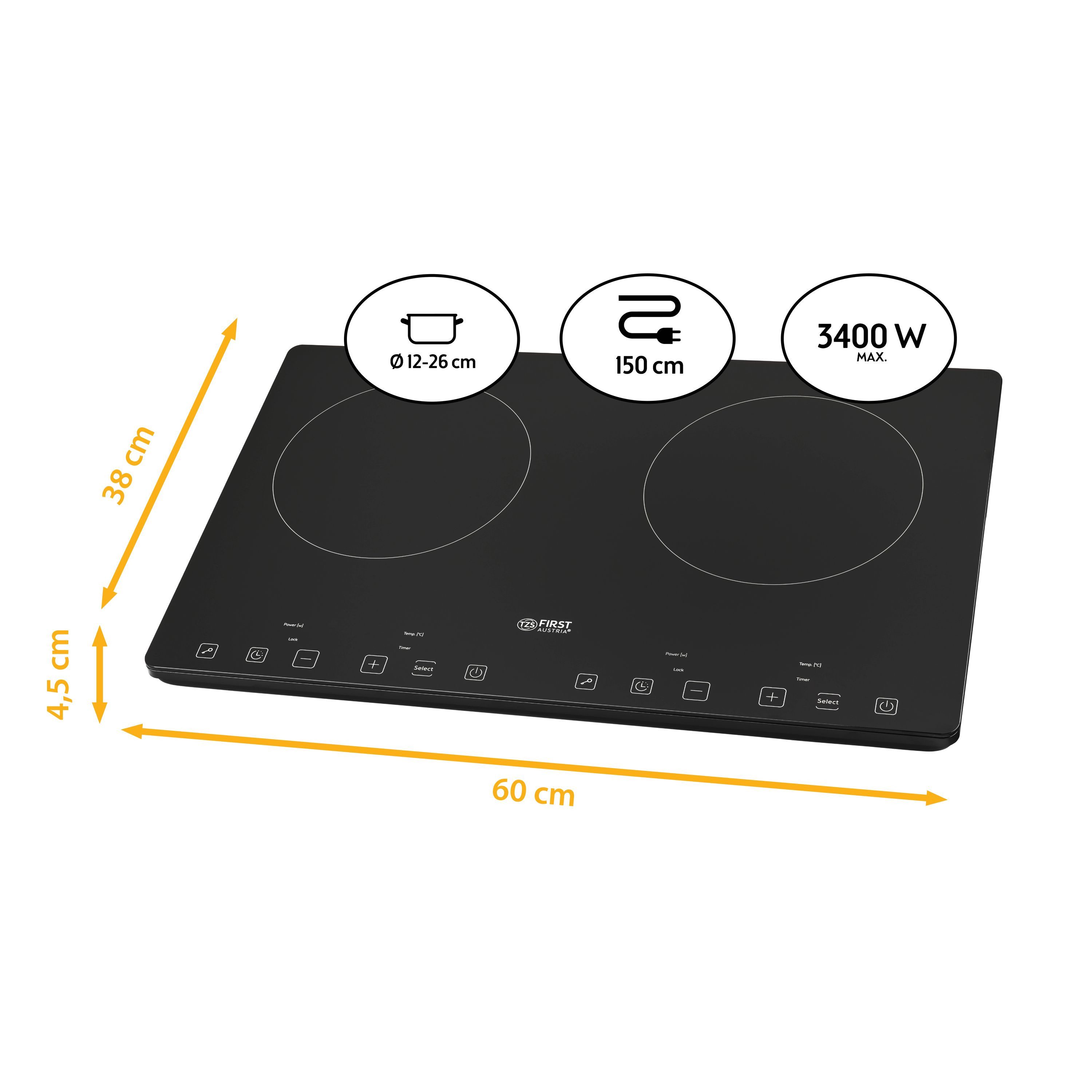 TZS FIRST AUSTRIA Doppelkochplatte 3400W, Induktionskochplatte, 10 Temperaturstufen & Timer, Slim Design, 2x210 mm Kochzonen, Kindersicherung, Überhitzungsschutz, Touch Control