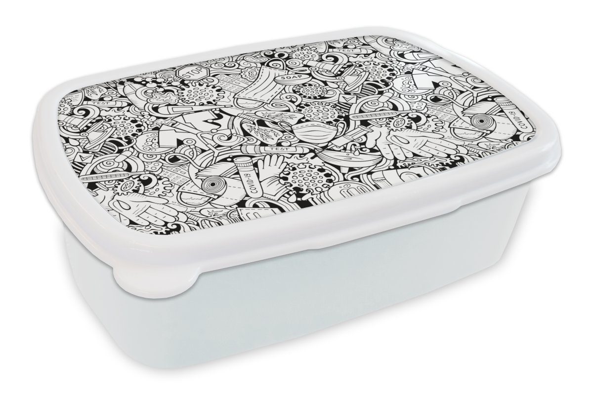 MuchoWow Lunchbox Muster - Corona - Schwarz und Weiß, Kunststoff, (2-tlg), Brotbox für Kinder und Erwachsene, Brotdose, für Jungs und Mädchen