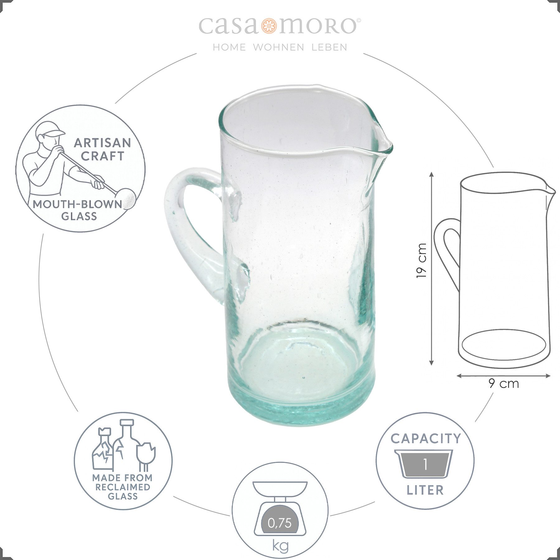 Casa Moro Wasserkaraffe Saftkaraffe 1 Liter Glas Wasser Karaffe mit Henkel transparent, Mundgeblasen aus aufbereitetem Glas - mit feinen Lufteinschlüssen – Bild 2 von 5