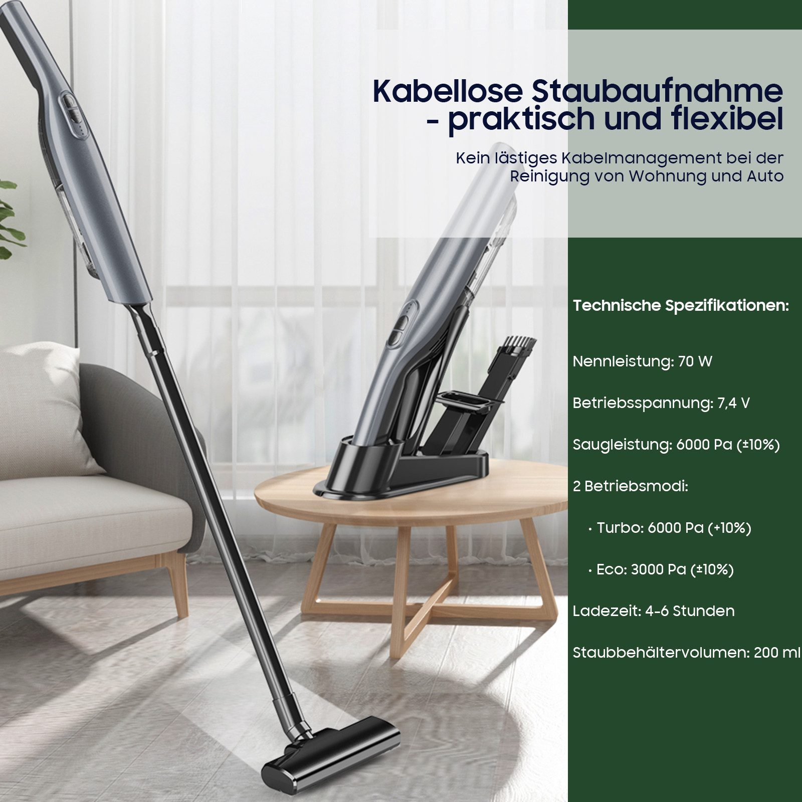 STANBOW Akku-Handstaubsauger Kabelloser Handstaubsauger (6000Pa) mit Bodendüse für Tierhaare, mit Beutel, Akku-Staubsauger, mit Staubpinsel, kabellos für Auto/Büro/Haushalt