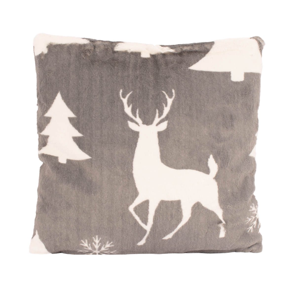 SCHÖNER LEBEN. Fellkissen Kuschelkissen Polyesterplüsch Rentier Tannen Schnee grau weiß 50x50cm