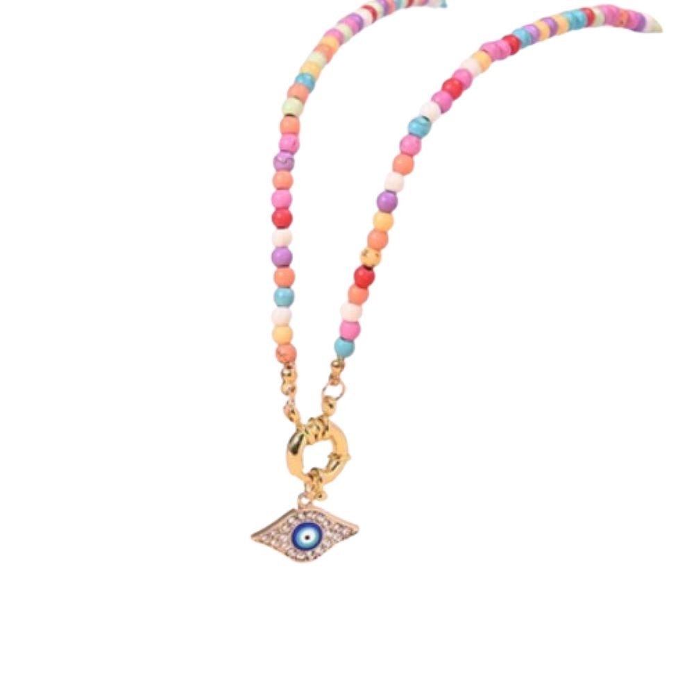 Kette mit Anhänger Perlenkette Choker pastell/goldfarben + Evil Eye Messing Damen