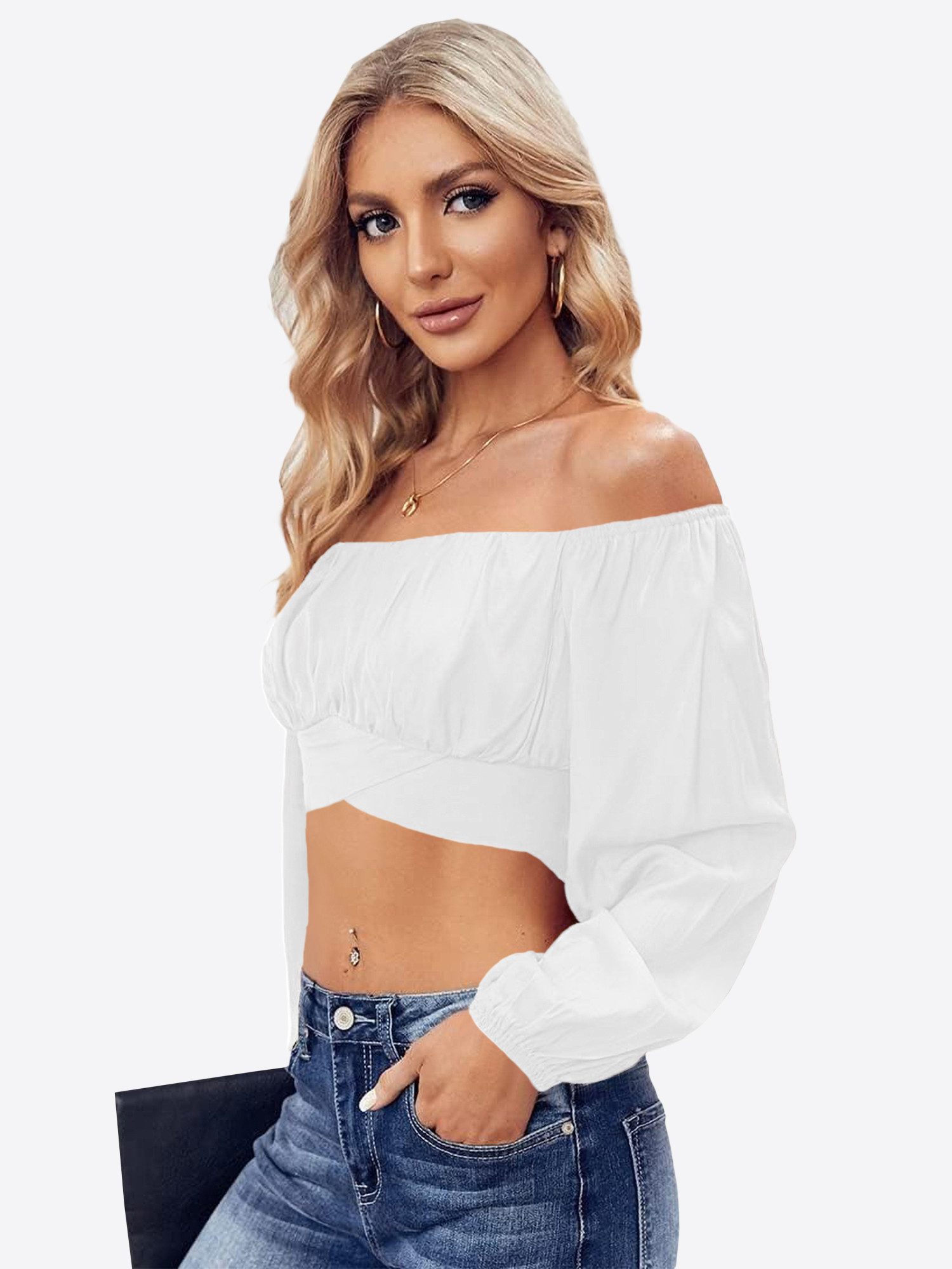 Imily Bela Blusentop Damen Hemd mit offenen Schultern und Laternenärmeln (Packung, 1-tlg., 1per-Pack) Schnürung – Bild 4 von 5