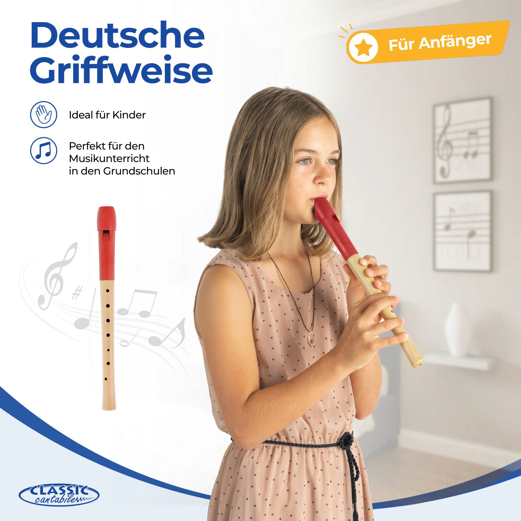 Classic Cantabile Blockflöte Pivella Flöte aus Ahornholz mit Kopf aus Kunststoff C-Sopran deutsch, Pivella Set, Inklusive Grifftabelle, Etui, Korkfett & Wischerstab, 2-teilige Konstruktion