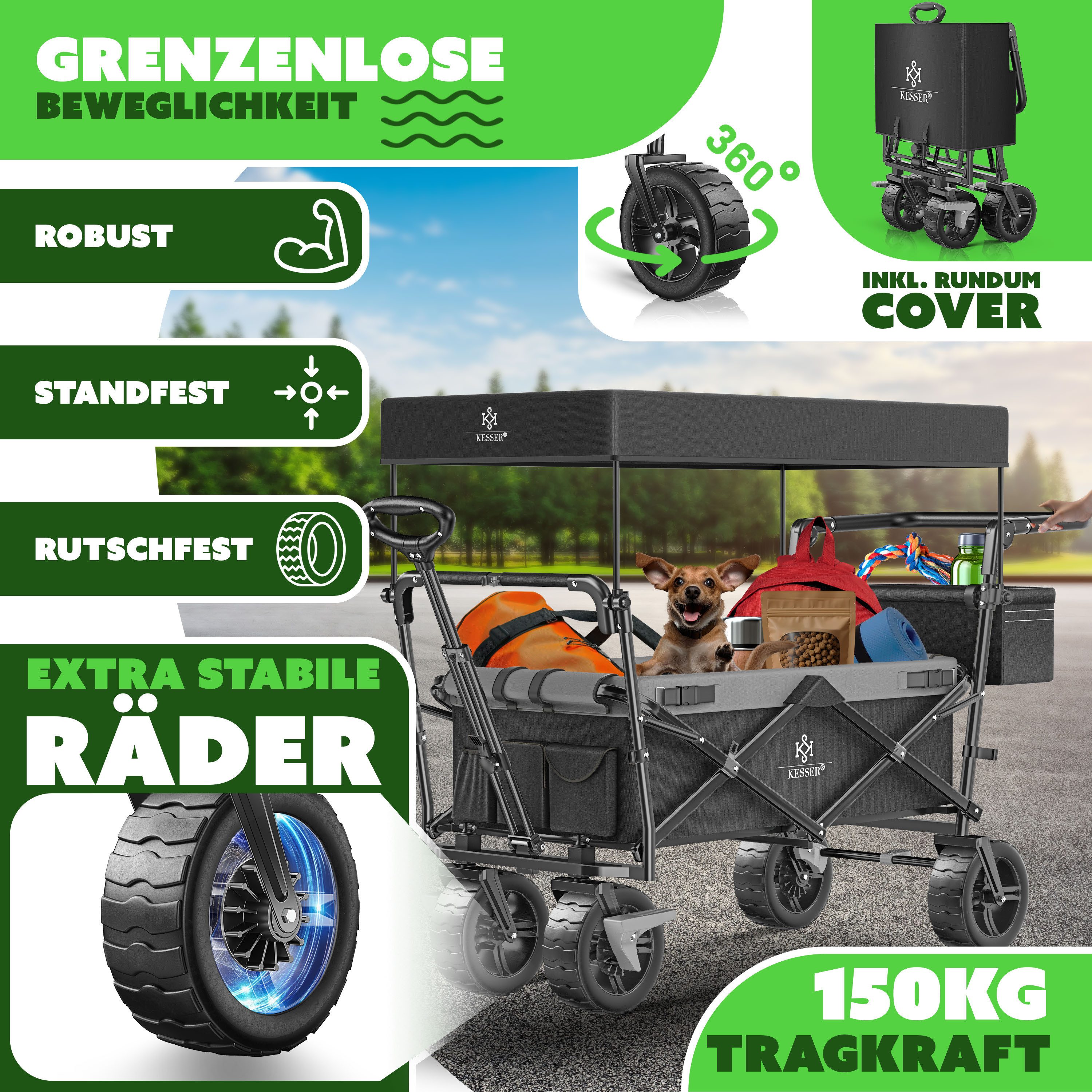 KESSER Bollerwagen, Bollerwagen faltbar GT9000 mit Dach Handwagen Transportwagen
