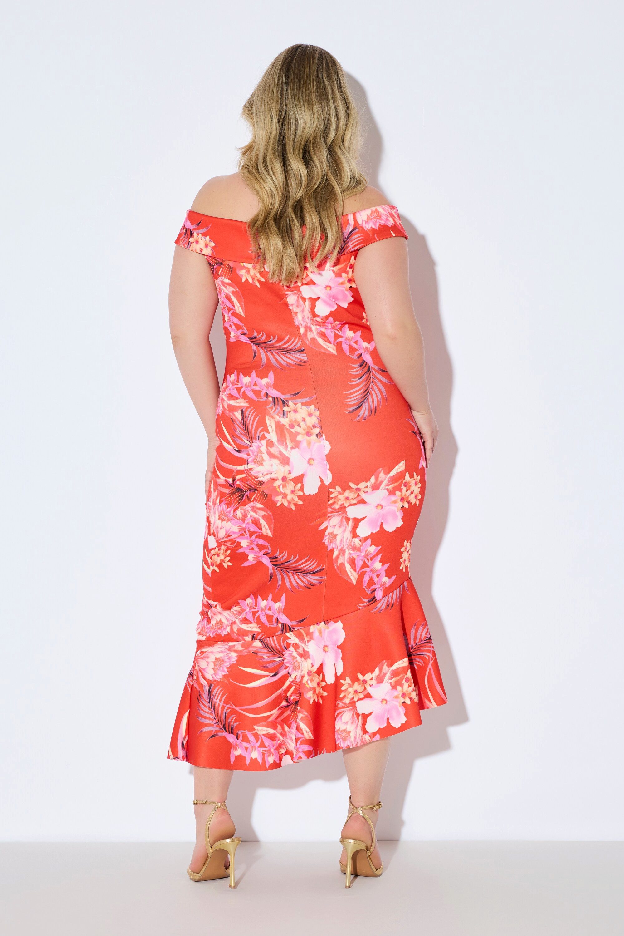 Ulla Popken Cocktailkleid Scuba-Maxikleid Muster Carmenausschnitt Drapierung