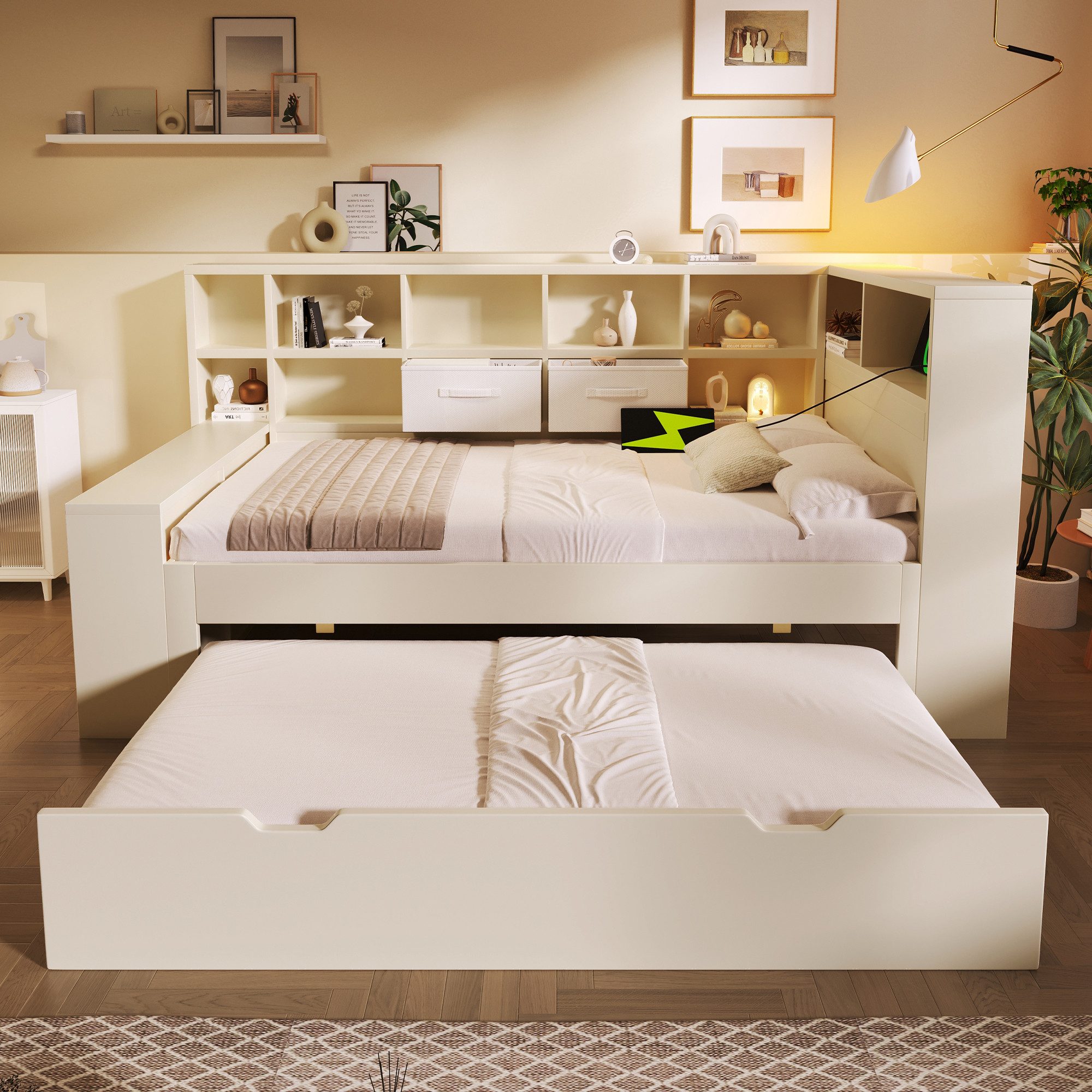 OKWISH Stauraumbett Bett 90x200 cm mit Ausziehbett und USB-/Type-C-Anschlüs günstig online kaufen