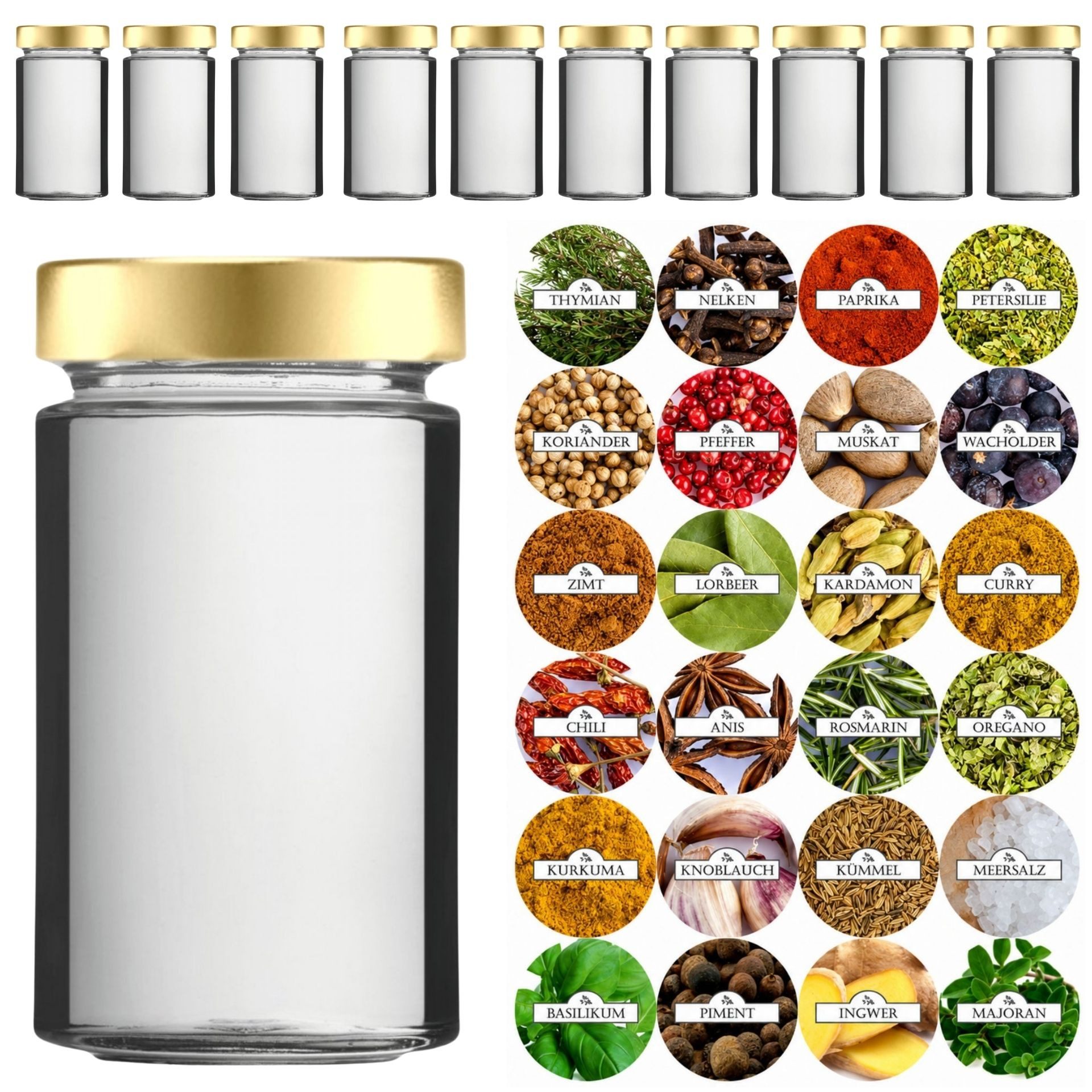 mikken Gewürzbehälter 12x Kräuterglas 245 ml Gewürzglas mit Deckel & 24 Gewürzetiketten