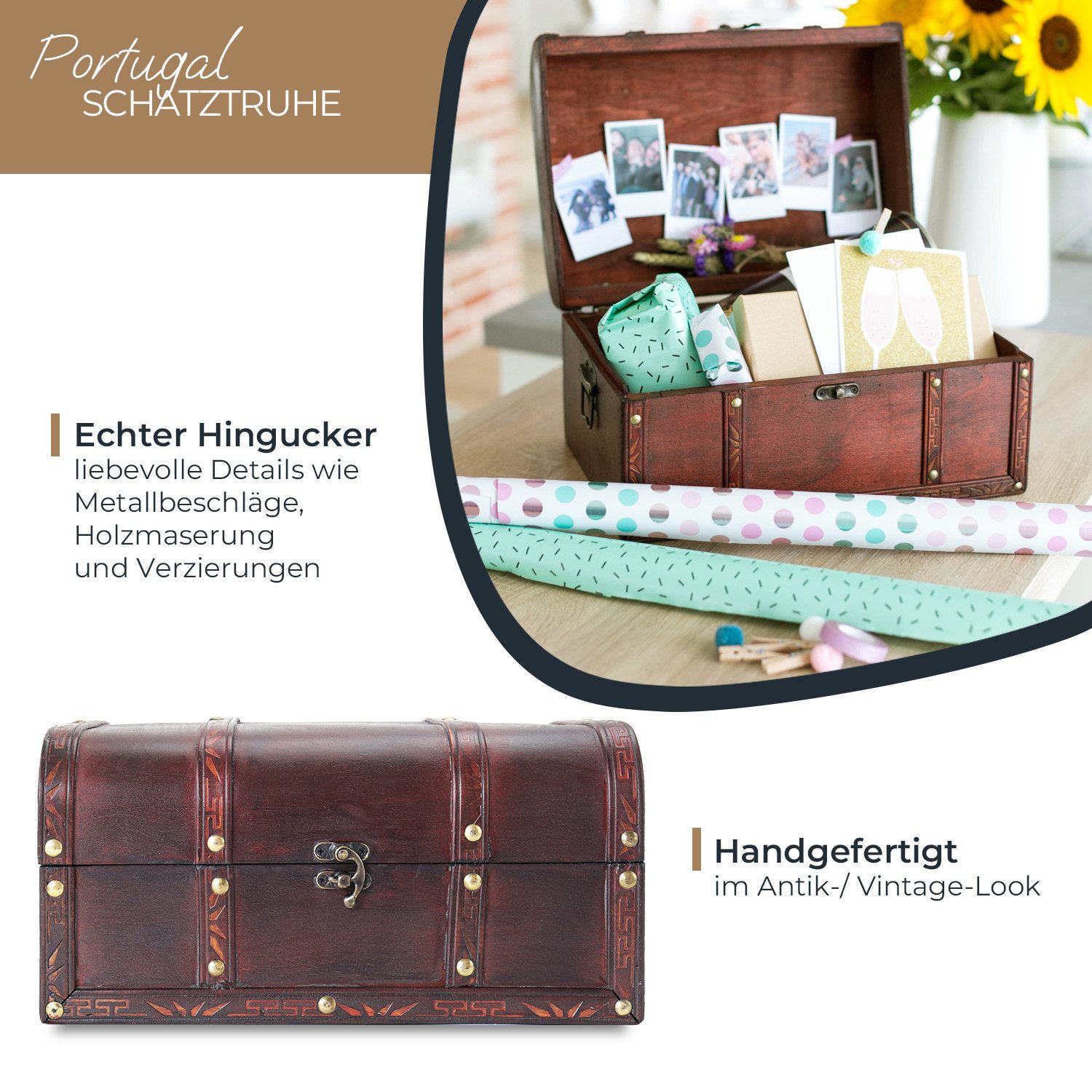 HMF Schatzkiste Handgefertigte Holztruhe Portugal, Schatzkiste mit dekorativem Metallschloss im Antik-Look 30x20x15 cm