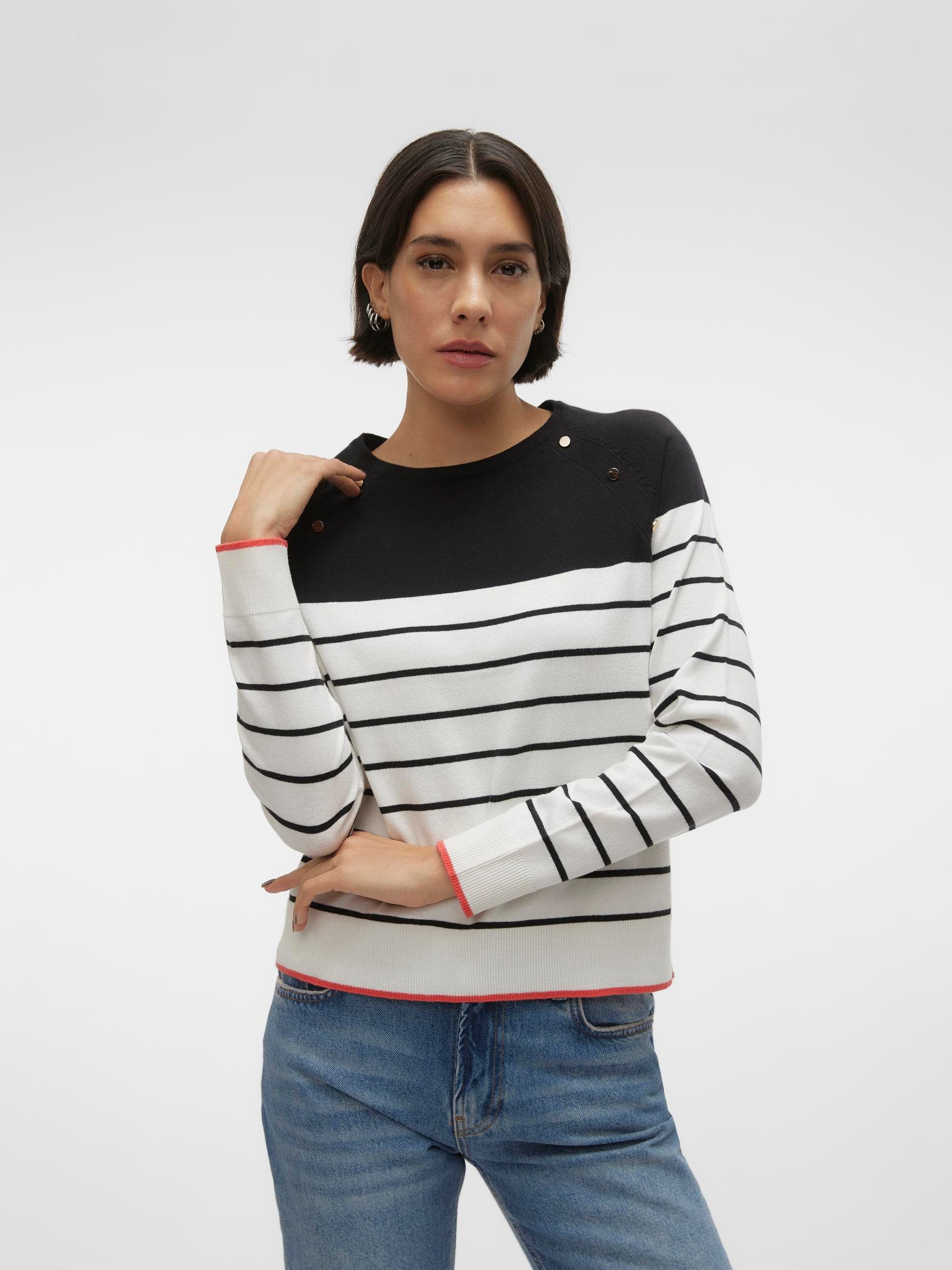 Vero Moda Strickpullover VMALMA BLACK CAYENNE CONTRAST AND O-NECK White PULLOVER BOO Stripes:W. RAGLAN Snow LS