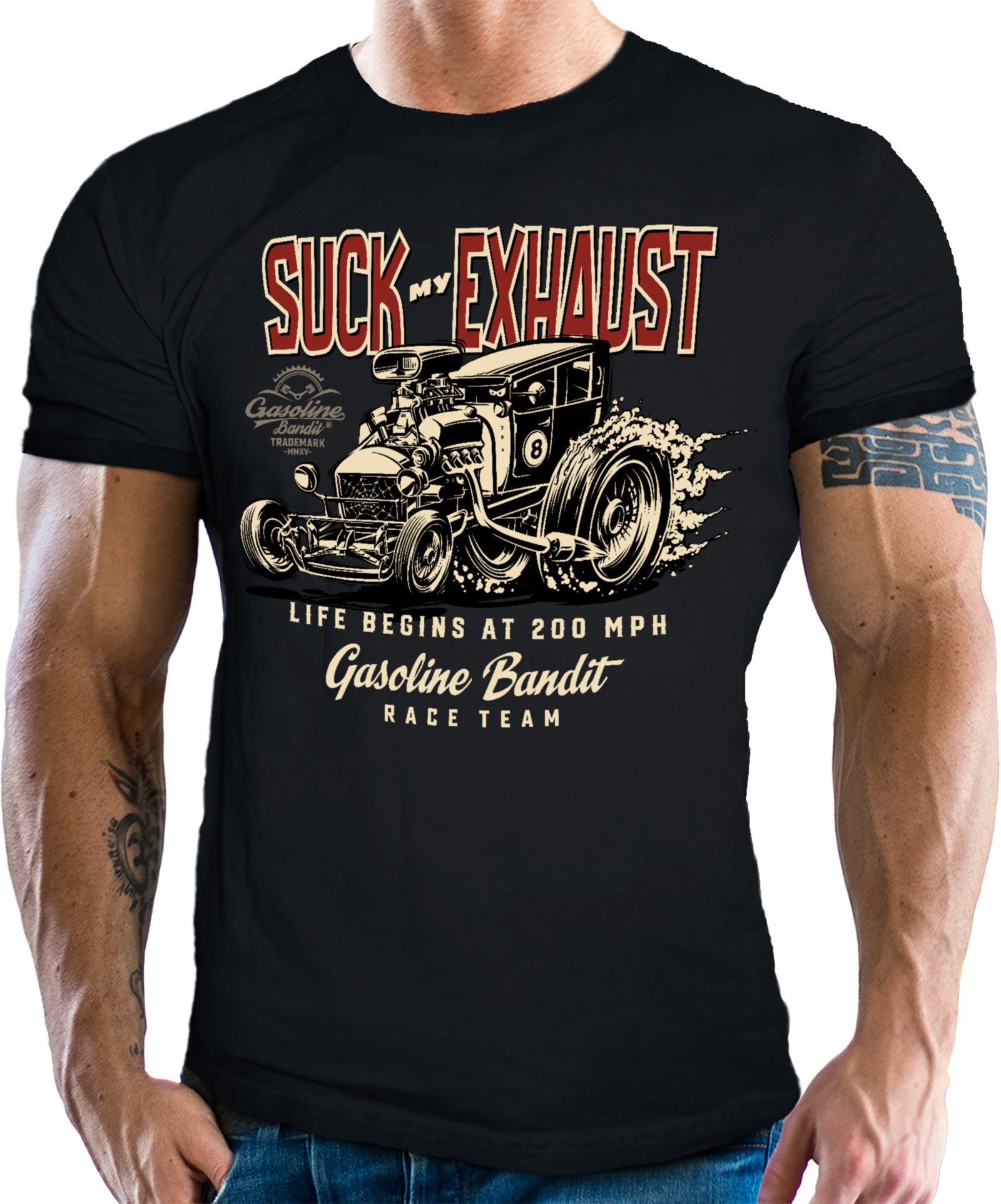 GASOLINE BANDIT® T-Shirt für Hotrod US-Car Muscle-Car Fans - Life Begins at 200 MPH Race Team