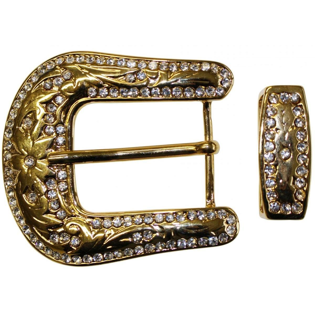 BELTINGER Gürtelschnalle mit Schlaufe mit Swarovski-Straß 4,0 cm - Buckle Gürtelschließe 40mm - Gold, mit Swarovski-Strass