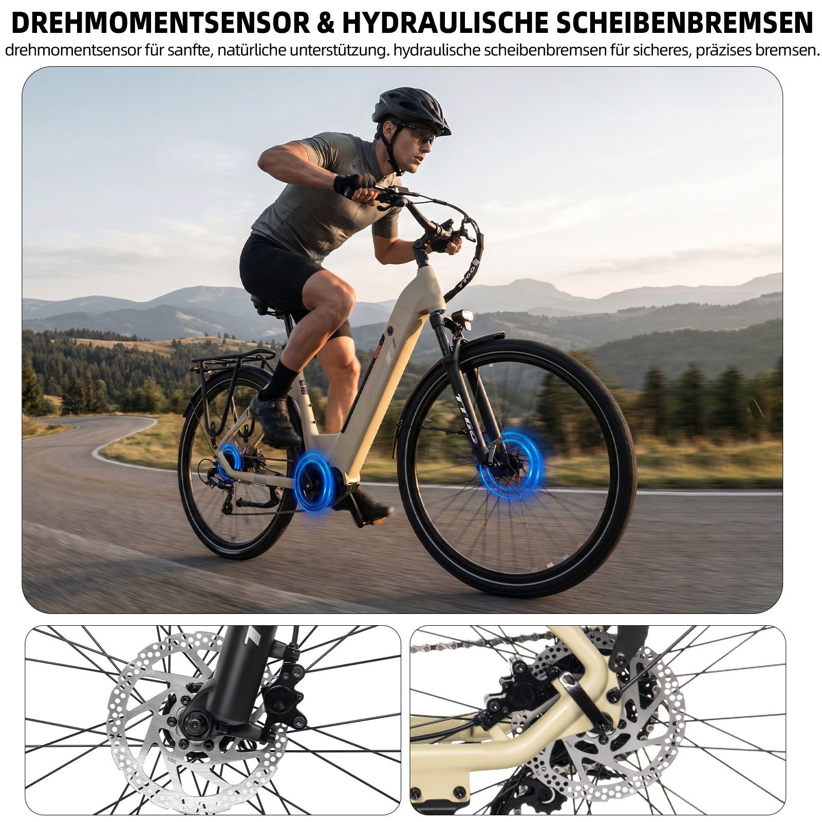 TTGO E-Bike Cityrad 28 Zoll, 75Nm Mittelmotor, Drehmomentsensor, 140km, Lockout-Federgabel, 9 Gang Shimano, Kettenschaltung, Mittelmotor, 648 Wh, Tiefeinstieg,  – Bild 2 von 5