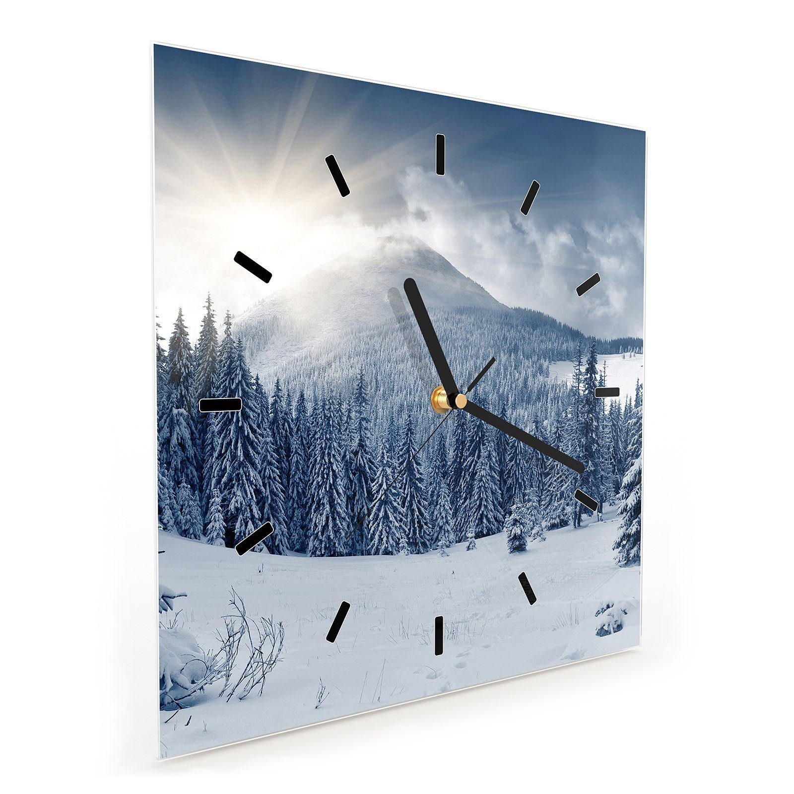 30 Wandkunst Glasuhr mit Wanduhr cm Wanduhr Primedeco Winterlandschaft 30 x Größe Motiv