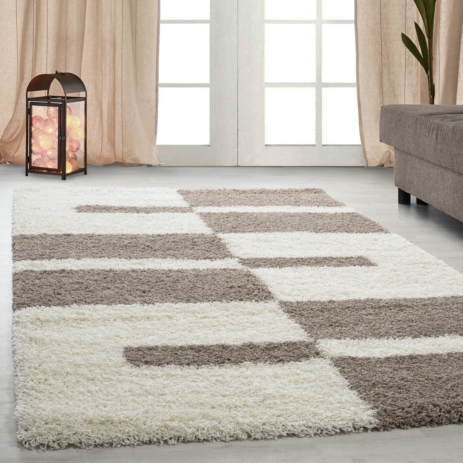 Hochflor-Teppich Hochflorteppich Shaggy gestreift Langflor Wohnzimmer, Miovani, Höhe: 30 mm Beige