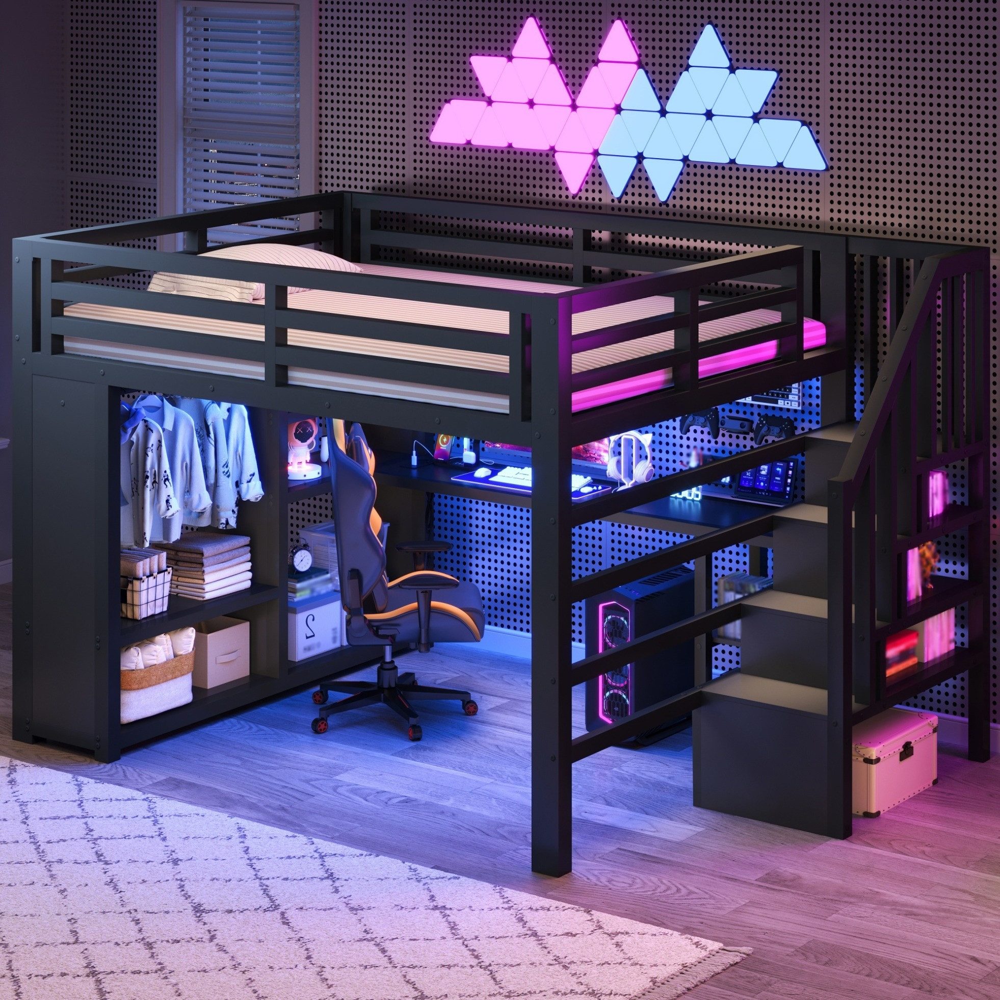 MODFU Hochbett Jugendzimmer Möbel mit Treppe Kleiderschrank und Fächern (Packung, 1-St., 140×200 cm Spielbett Schwarz aus Metall mit LED Beleuchtung) Bett mit integriertem Schreibtisch und USB Ladefunktion,ohne Matratze
