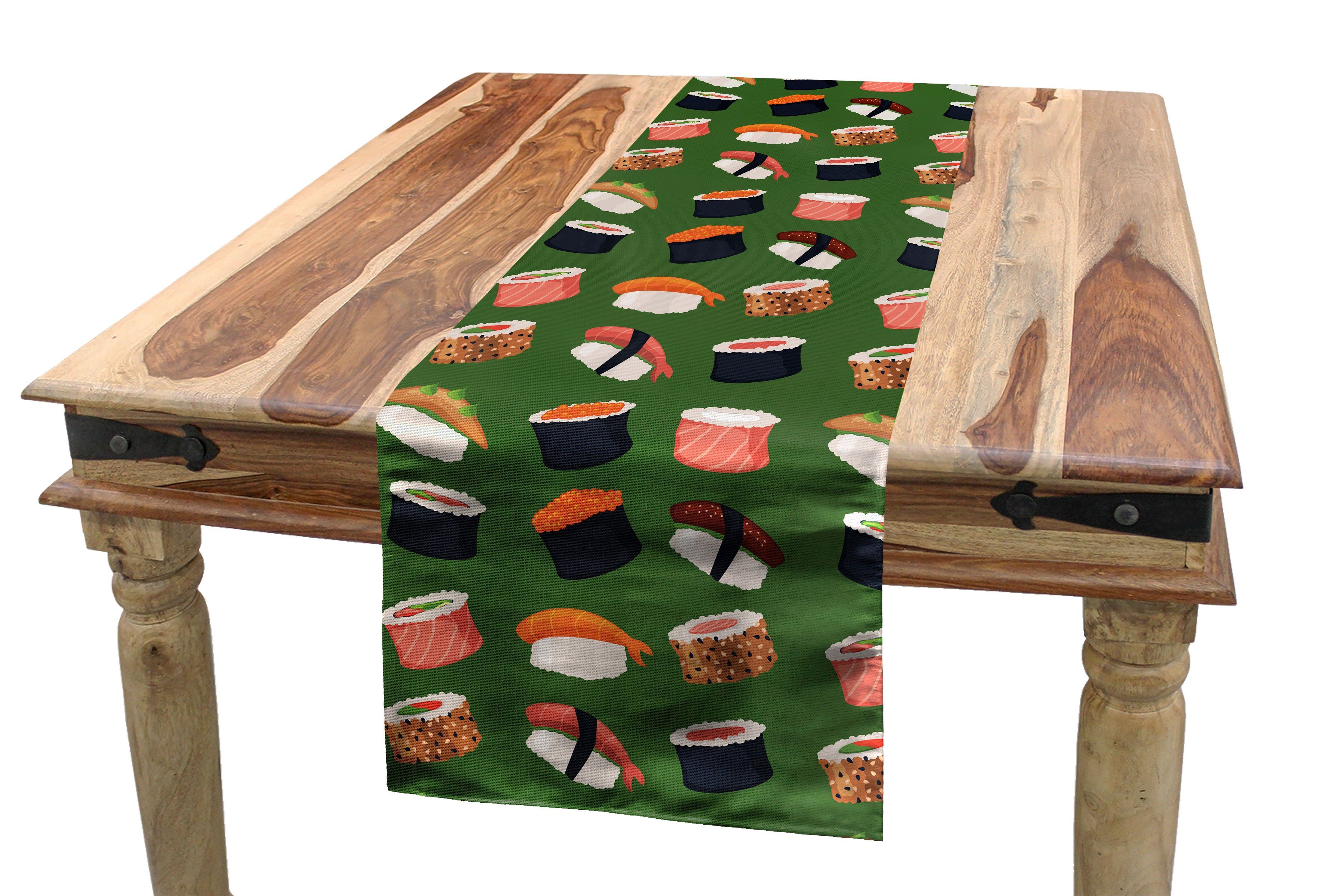 Abakuhaus Tischläufer Esszimmer Küche Rechteckiger Dekorativer Tischläufer, Sushi Meeresfrüchte Rolls on Green Shade
