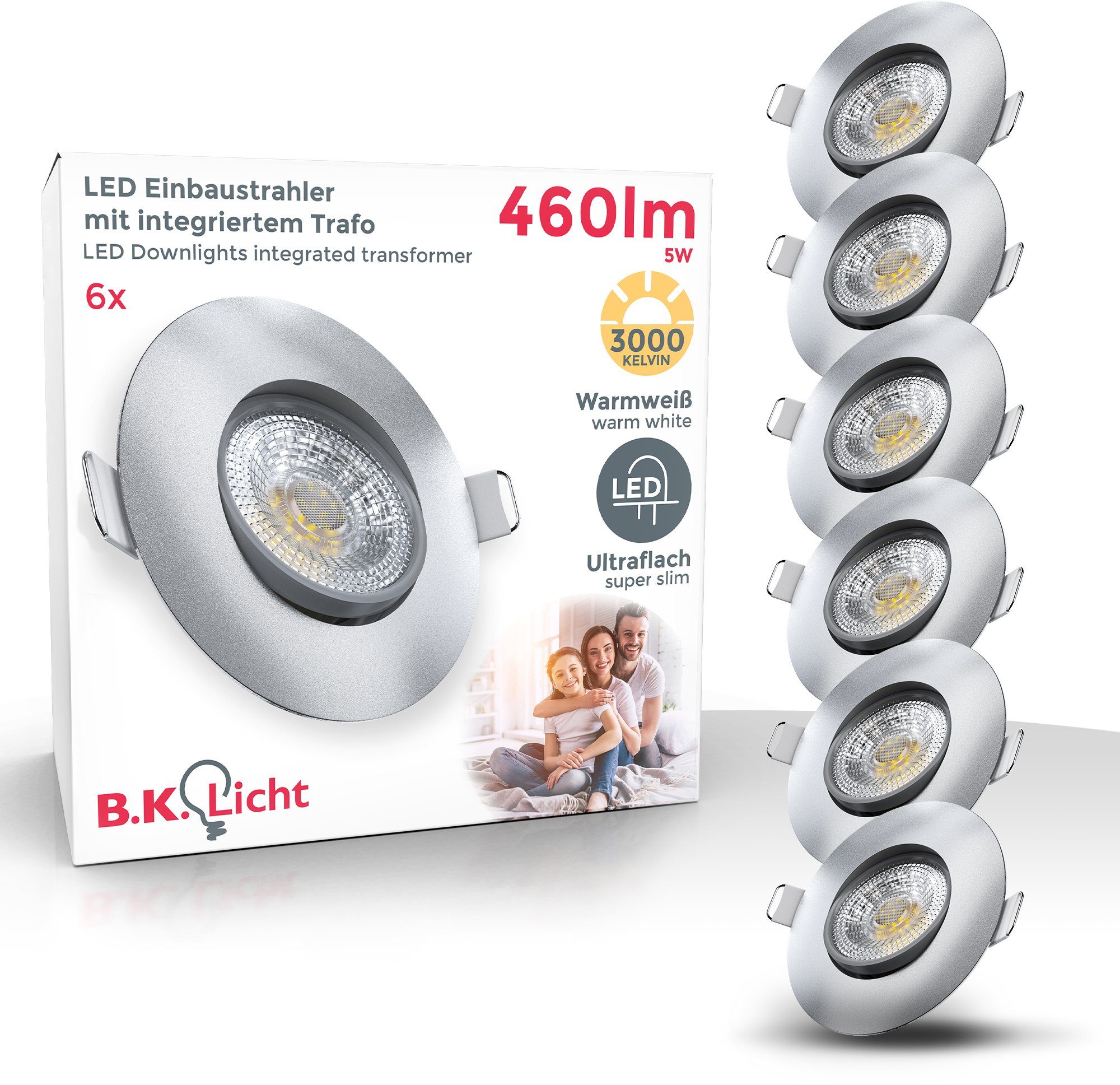 B.K.Licht LED Einbauleuchte, LED fest integriert, Warmweiß, 6er Set  schwenkbare Einbauleuchten, ultra flach (30mm)