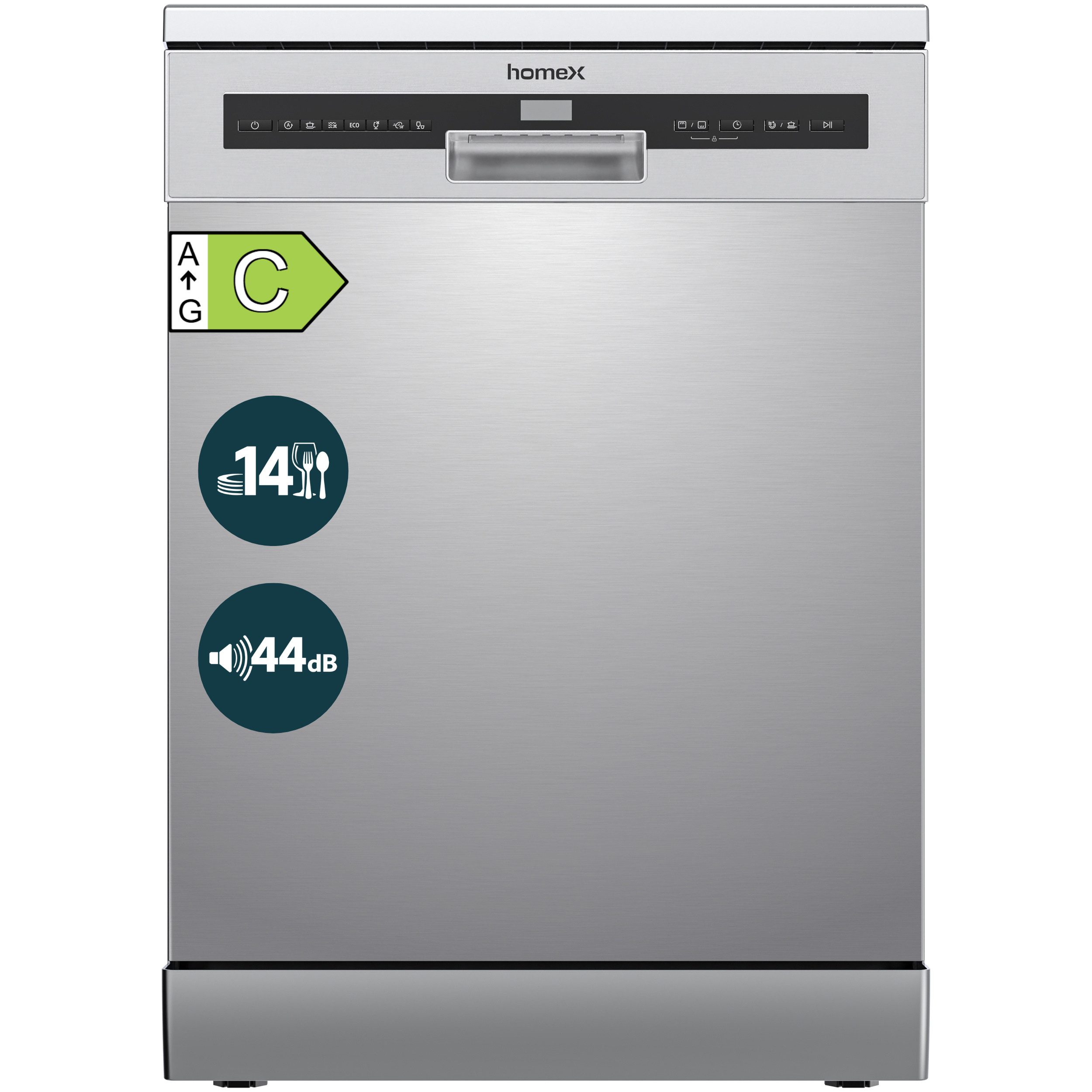 homeX Standgeschirrspüler DWFS601444C-S, 10 l, 14 Maßgedecke, Spülmaschine freistehend 60 cm, 14 Gedecke, AquaStop, unterbaufähig