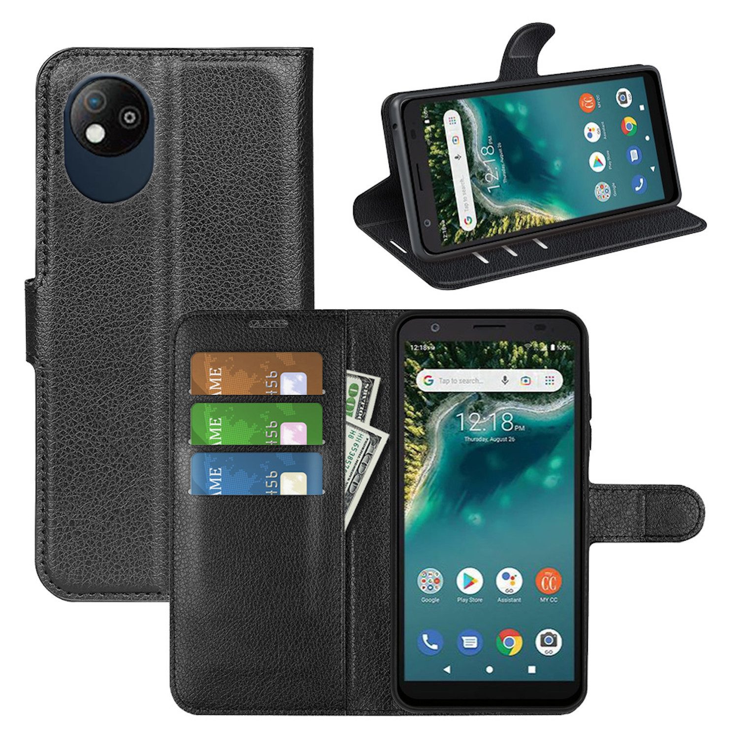 Wigento Smartphone-Hülle Für ZTE Blade A35 Lite Kunstleder Book Wallet Tasche Hülle Schwarz, Kunstleder Book Wallet Hülle mit Magnetverschluss