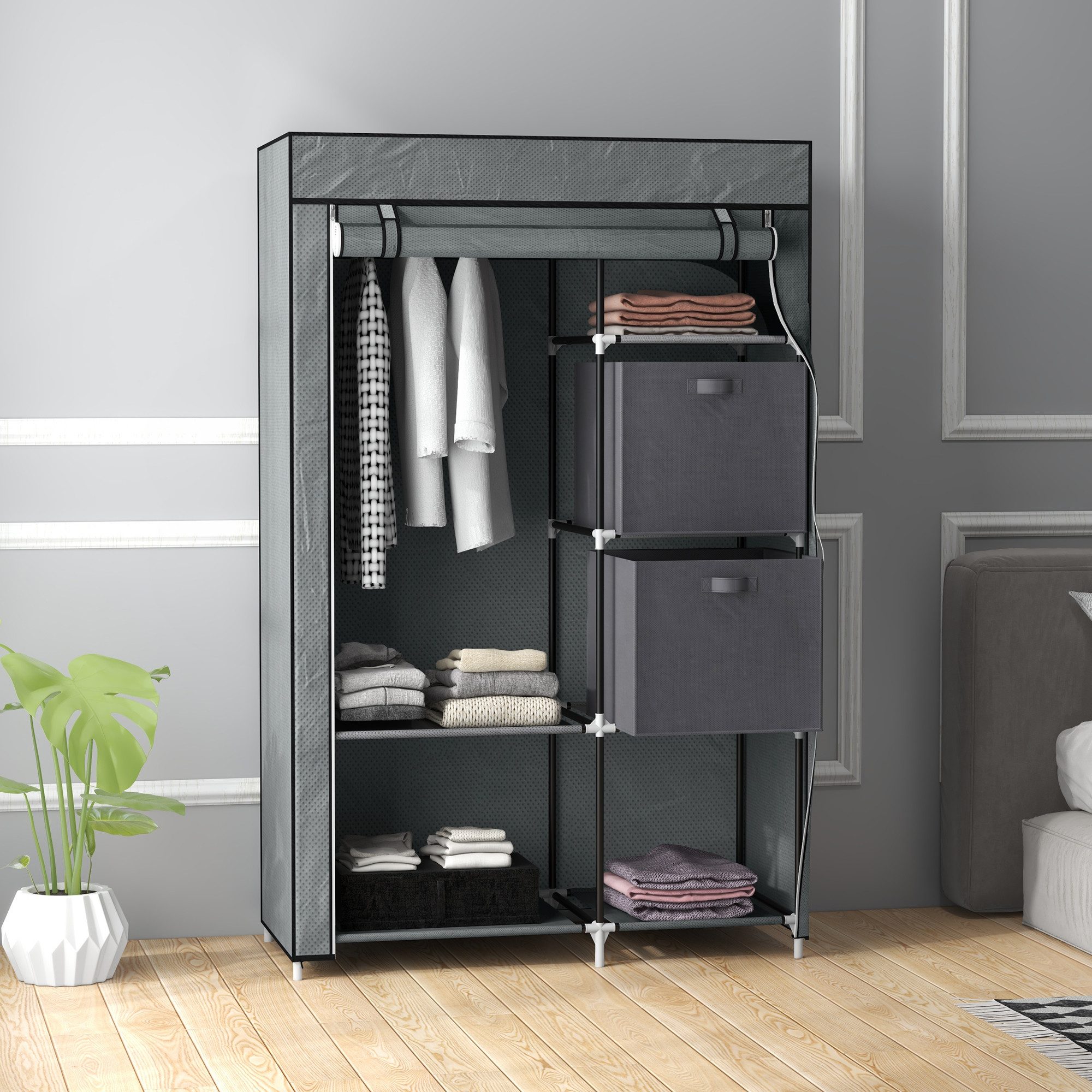 HOMCOM Stoffschrank Faltschrank mit Schubladen und Kleiderstange, für Schlafzimmer (Garderobe, 1-St., Kleiderschrank) Dunkelgrau, 102 x 42,5 x 162,5 cm