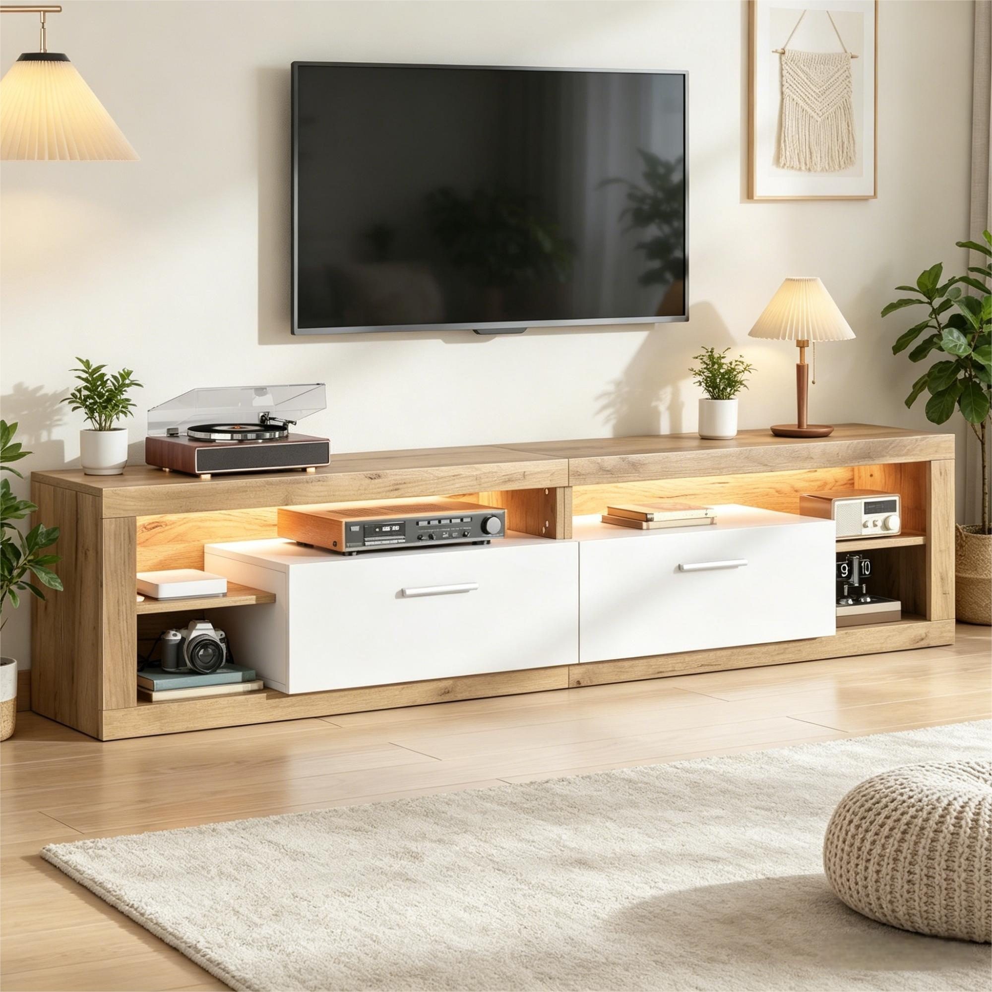 Merax Lowboard mit LED inkl.APP, Fernsehschrank in Naturholz und Weiß (TV Board für 75 Zoll TV, 1 St), TV-Schrank mit 2 Schubladen & 4 offene Fächer, 180x35,5x50 cm