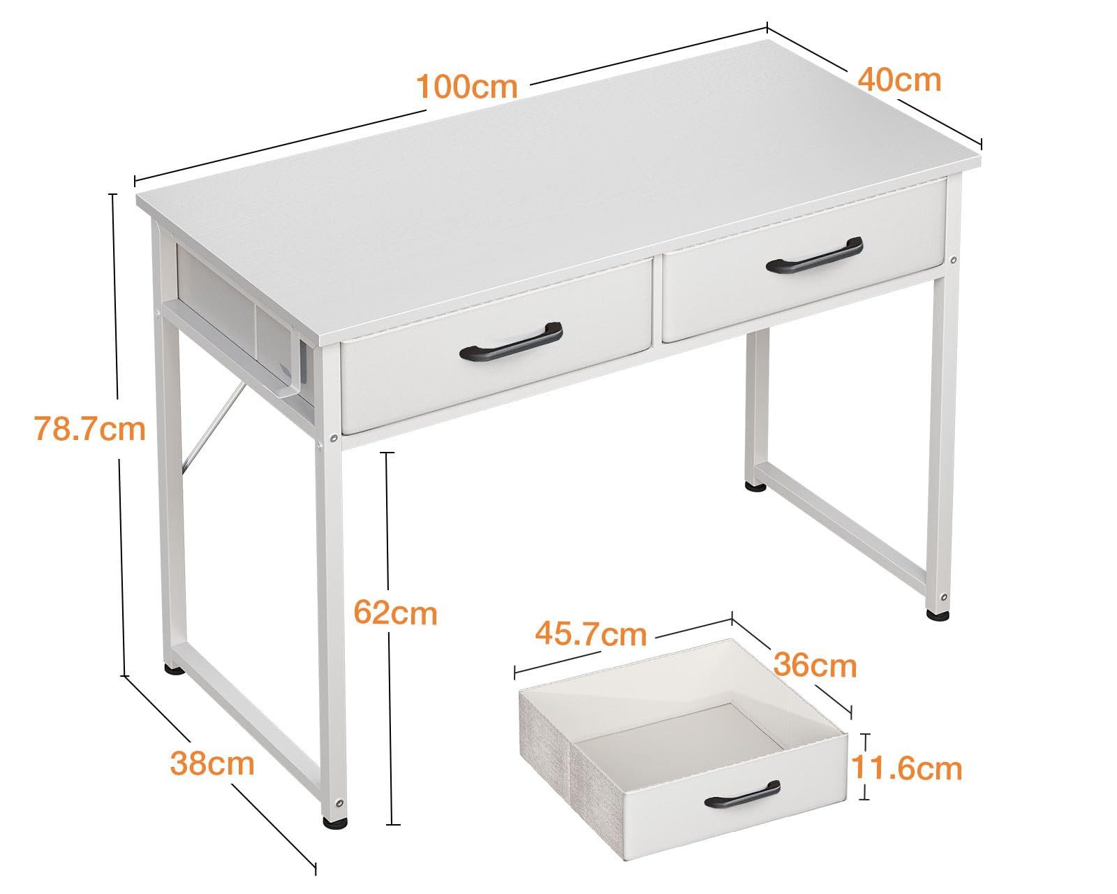 ODK Schreibtisch mit 2 Stoffschubladen und Kopfhörerhaken (1-St), Kompakter PC-Tisch für Home Office, 100×40×78,7 cm