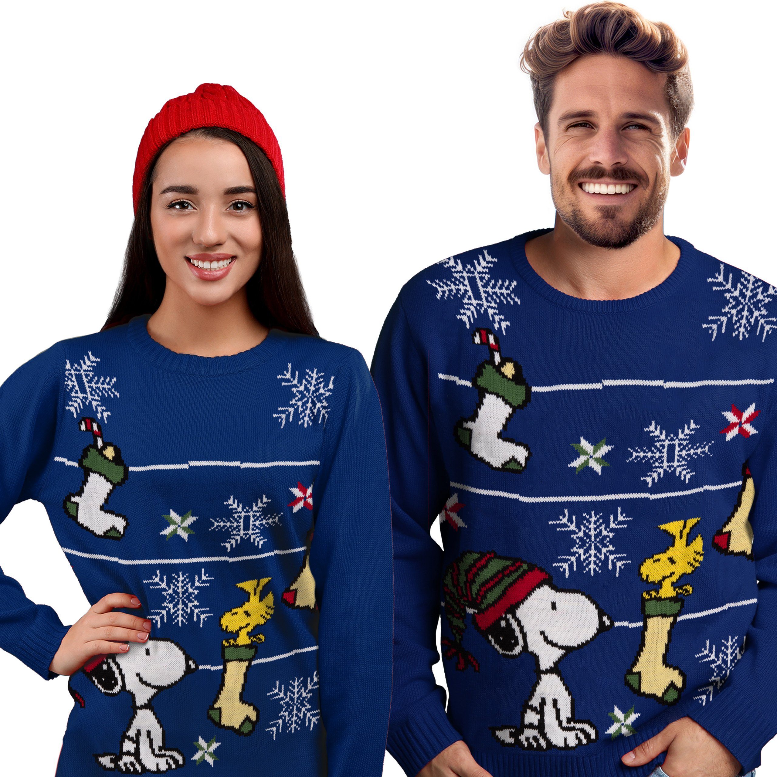 Strickpullover Peanuts Snoopy, Woodstock und Socken - Ugly Sweater Winterpulli