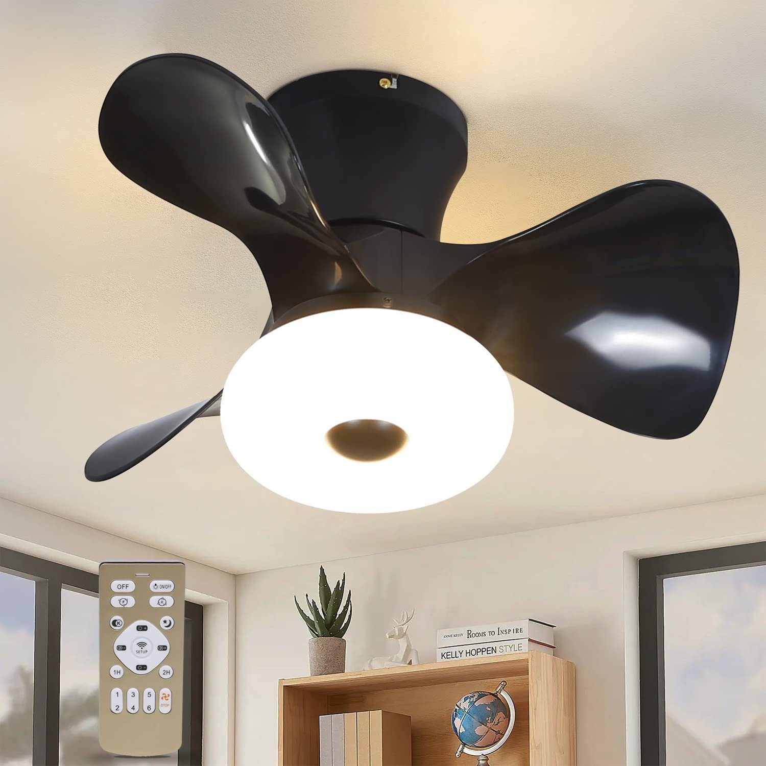 ZMH Deckenventilator Beleuchtung Modern Ventilator, Schwarz Fan Timer Leise Fernbedienung