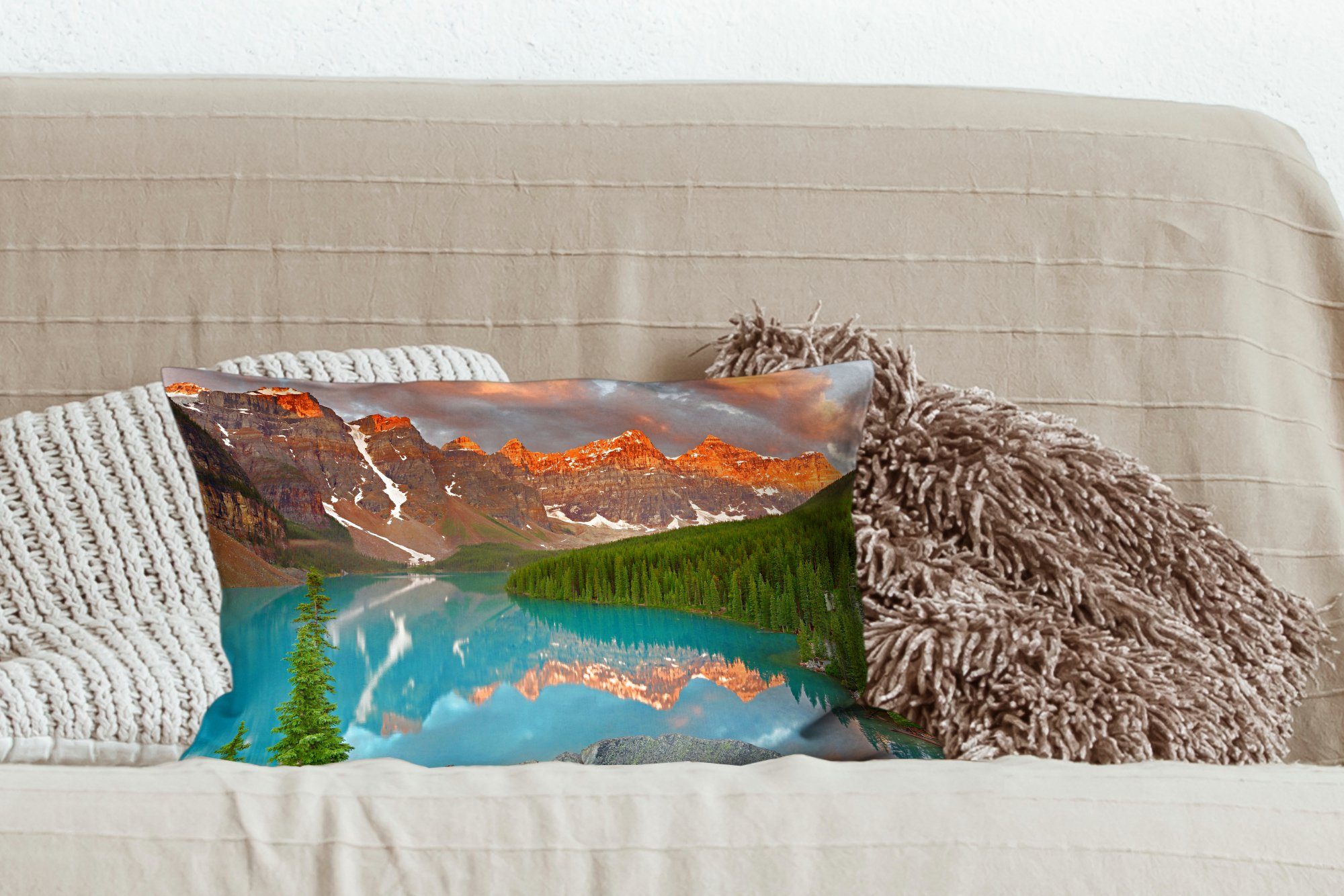 MuchoWow Dekokissen Nordamerikanischer Moränensee Schlafzimmer während Dekoration, Füllung, eines Sonnenaufgangs Kanada, in Dekokissen Wohzimmer mit Zierkissen