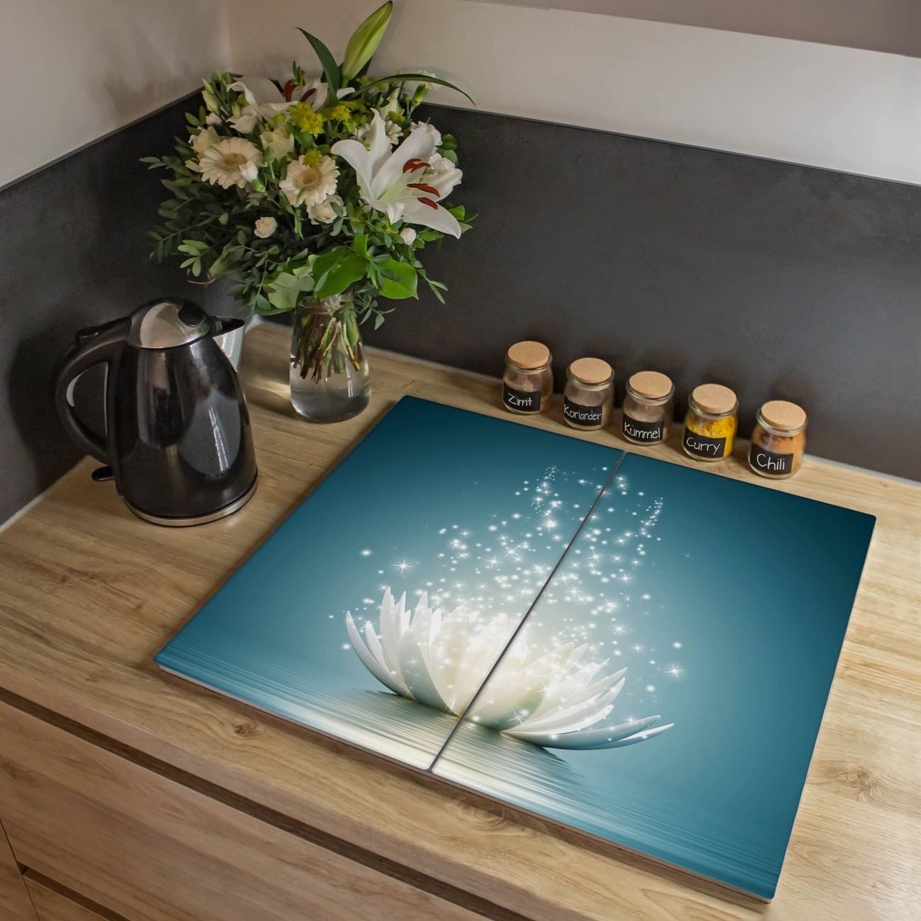 banjado Herd-Abdeckplatte zweiteilig aus Glas mit Motiv Magische Lotusblüte, (gehärtet, 2 tlg., inkl. selbstklebende Gummifüßchen)