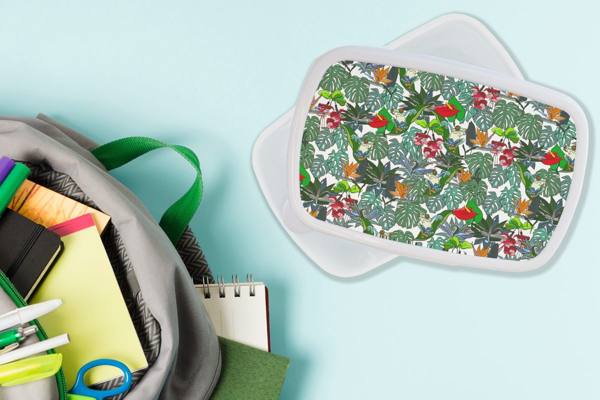 MuchoWow Lunchbox Muster und Erwachsene, Brotdose, Mädchen Brotbox Dschungel, und für für Kinder - - Kunststoff, Jungs weiß (2-tlg), Pflanzen