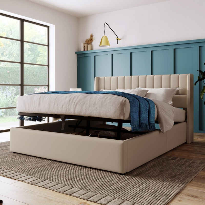 REDOM Polsterbett Stauraumbett Doppelbett (140x200cm Grau Leinen ohne Matratze), Bett mit Lattenrost aus Metallrahmen, Lattenrost aus Holz