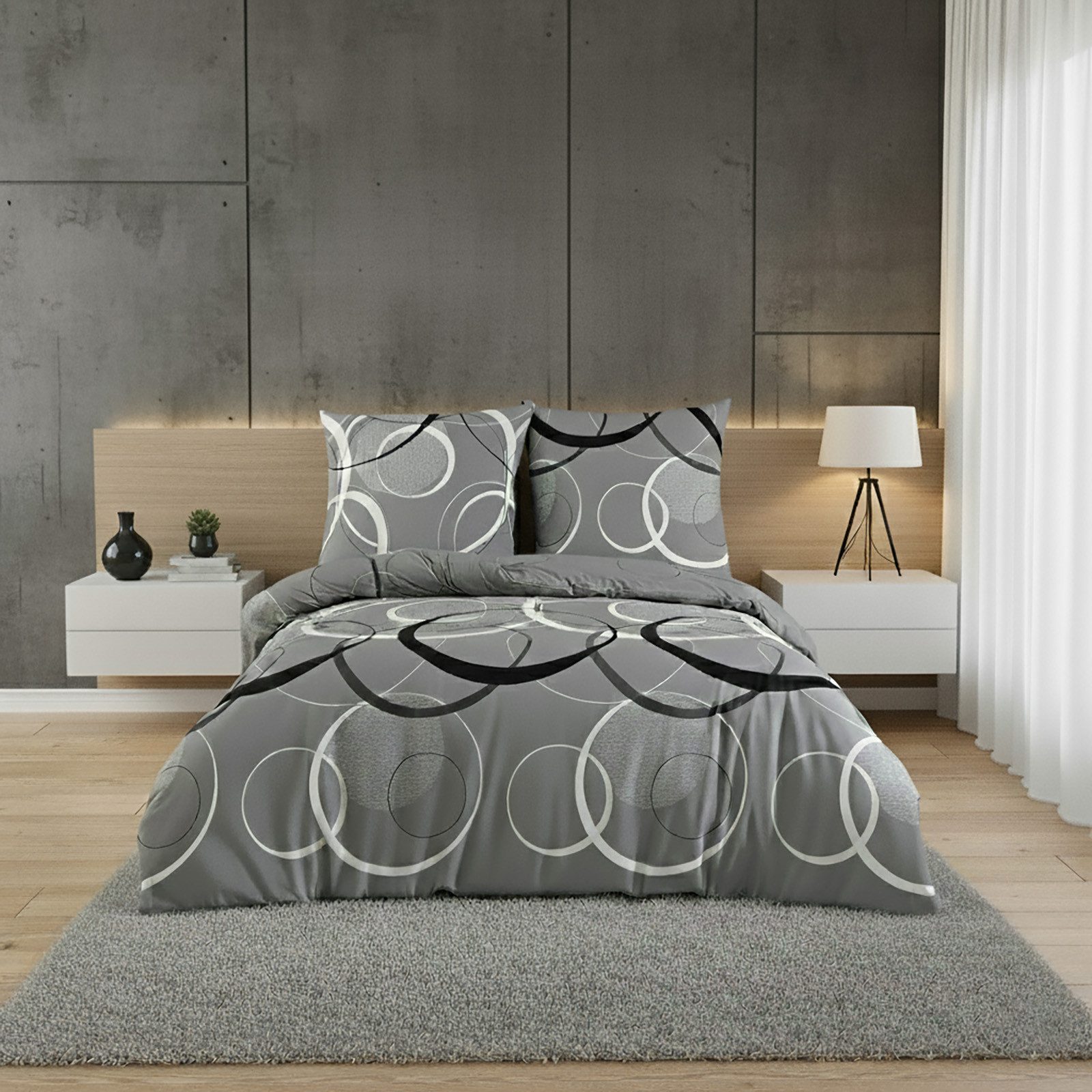 Buymax Bettwäsche Wave, Bettgarnitur, Bettbezug Set, 100% Baumwolle, Renforcé, 3 teilig, mit Reißverschluss, gemustert, Kreise, Grau, Schwarz, 200x200 cm
