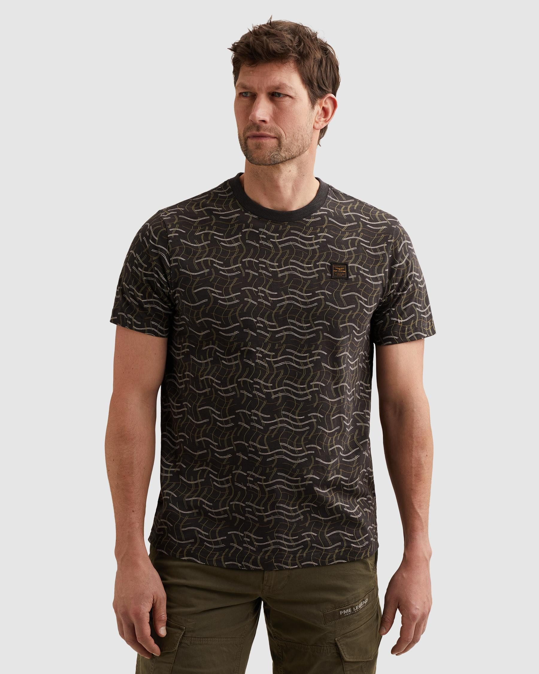 PME LEGEND Kurzarmshirt T-shirt RH slub jersey alloverprint gemustert, mit Logo-Badge