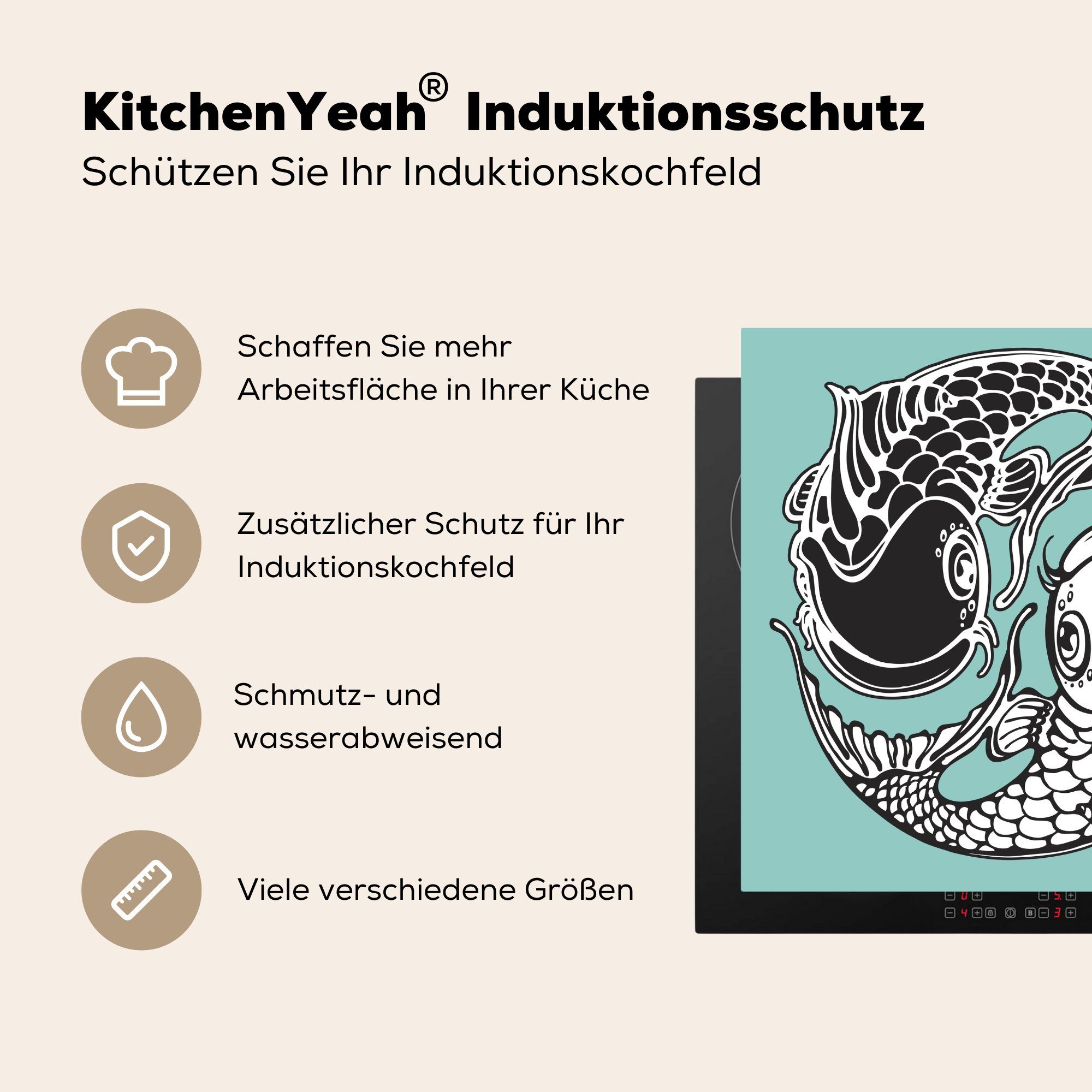 78x78 Arbeitsplatte Fisch-Tattoo Herdblende-/Abdeckplatte im küche MuchoWow Vinyl, für cm, (1 tlg), Yin-Yang-Stil, Ceranfeldabdeckung,